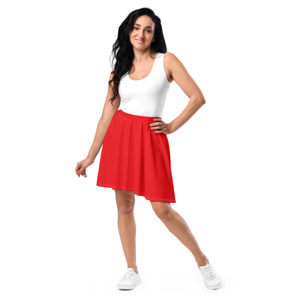A vibrant red women’s red skater skirt with a smooth fabric elastic waistband flowy high waisted recycled fabric