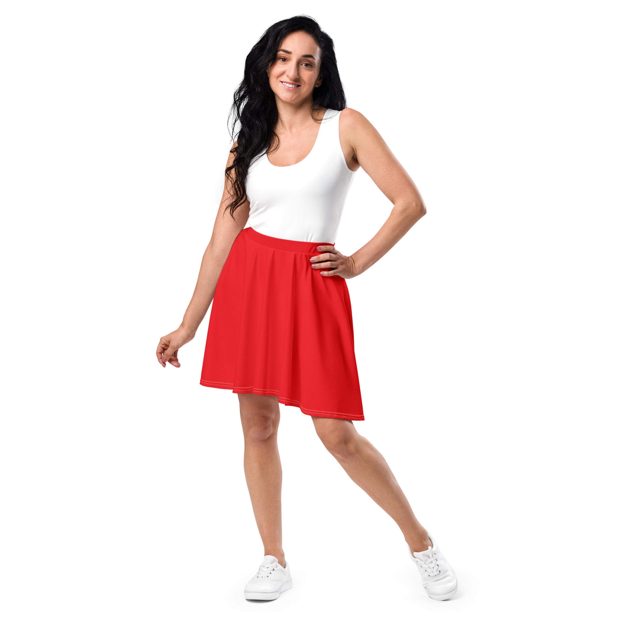 A vibrant red women’s red skater skirt with a smooth fabric elastic waistband flowy high waisted recycled fabric