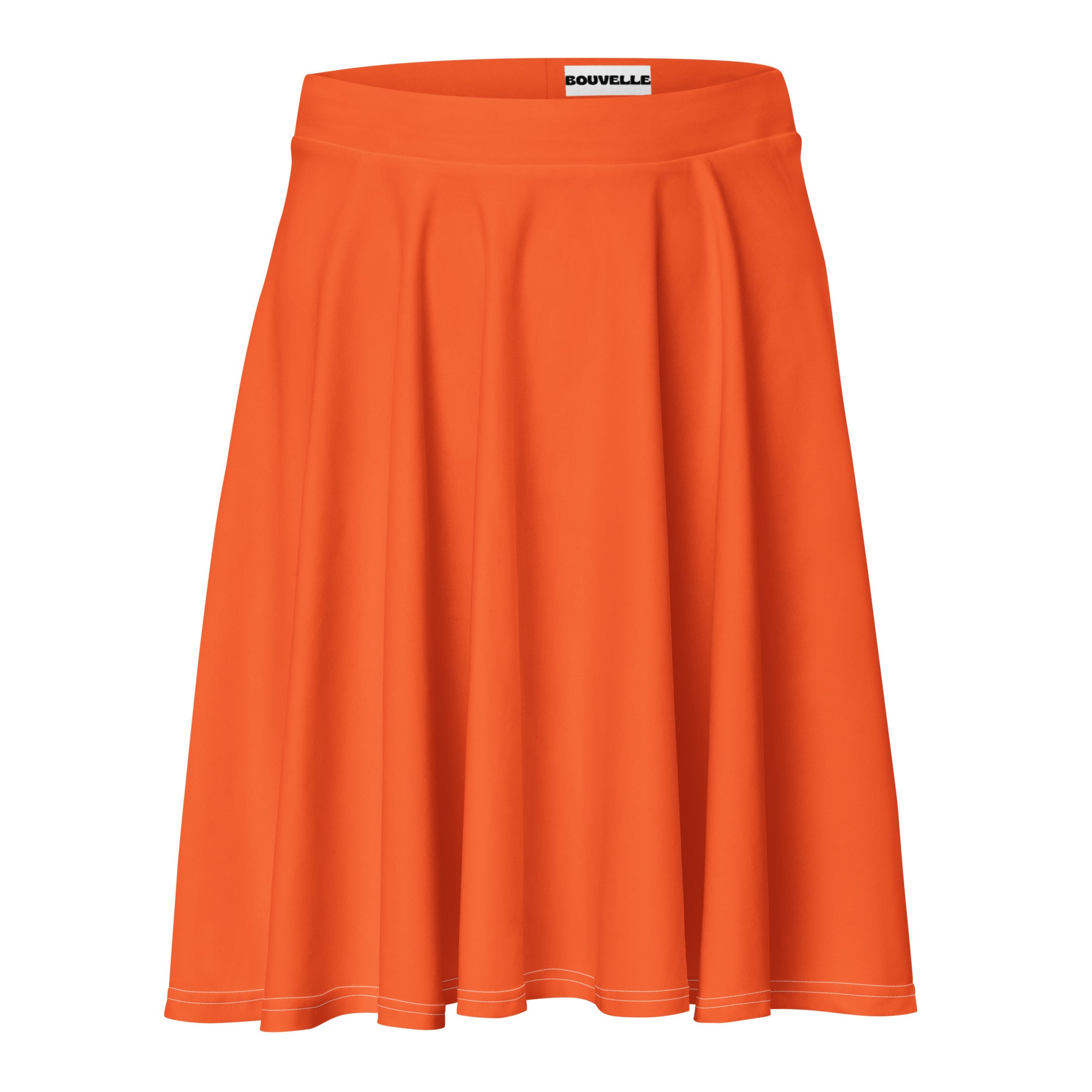 Bright orange high waisted skater skirt with pleats, soft stretchy recycled fabric, subtle white stitching, UPF 50 plus protection