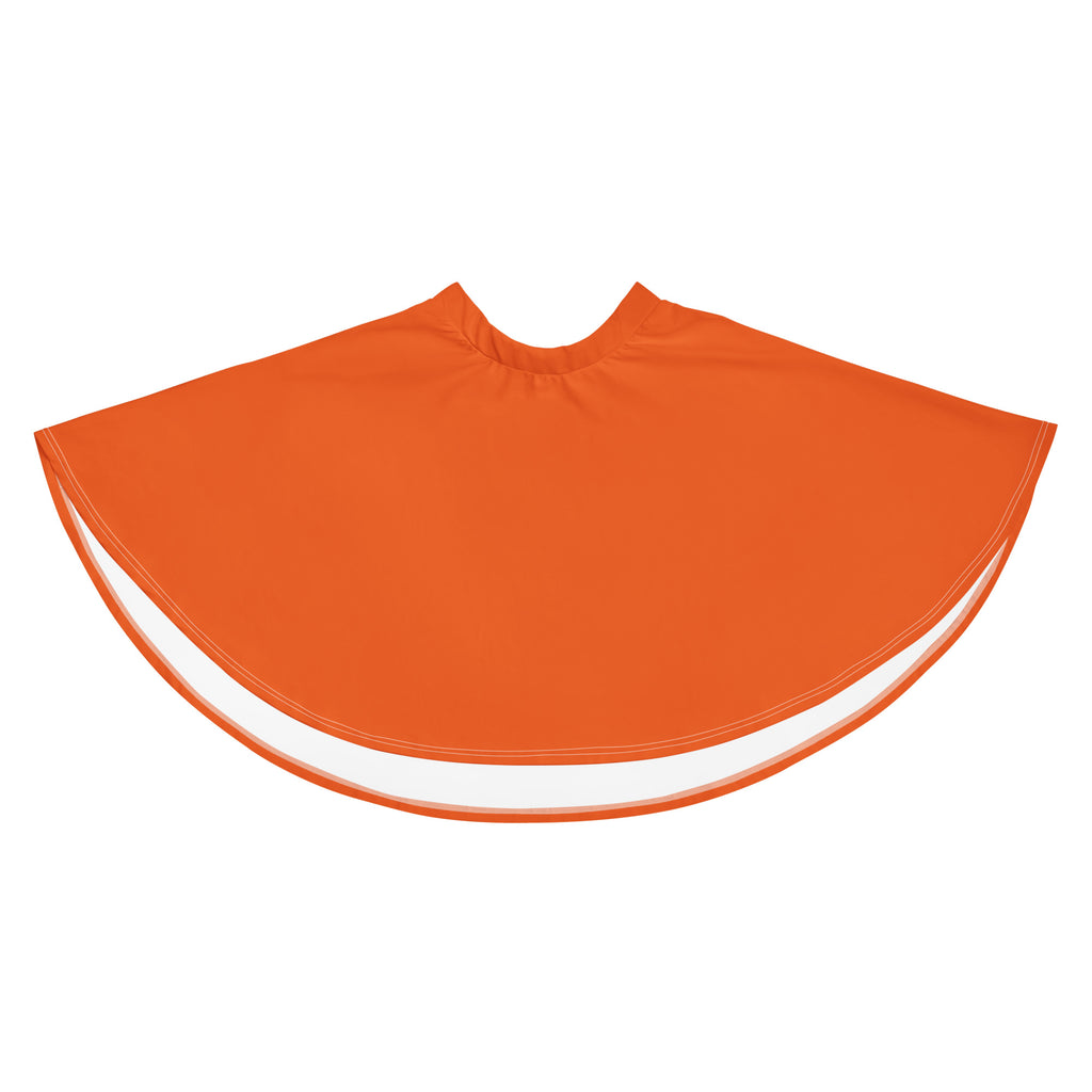 Orange fabric cape with white trim shown from the back in a flowy high waisted recycled fabric design