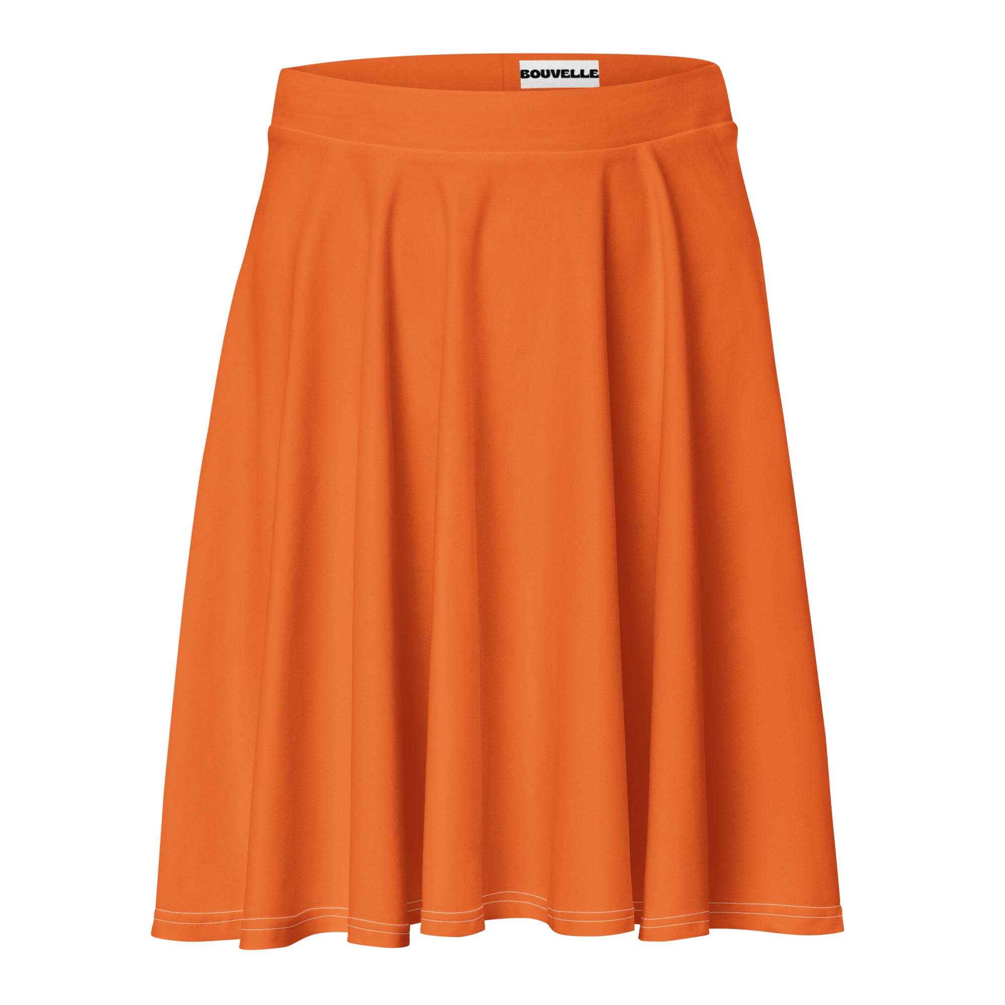 A vibrant orange pleated skater skirt with a branded waistband flowy silhouette upf 50 plus recycled fabric