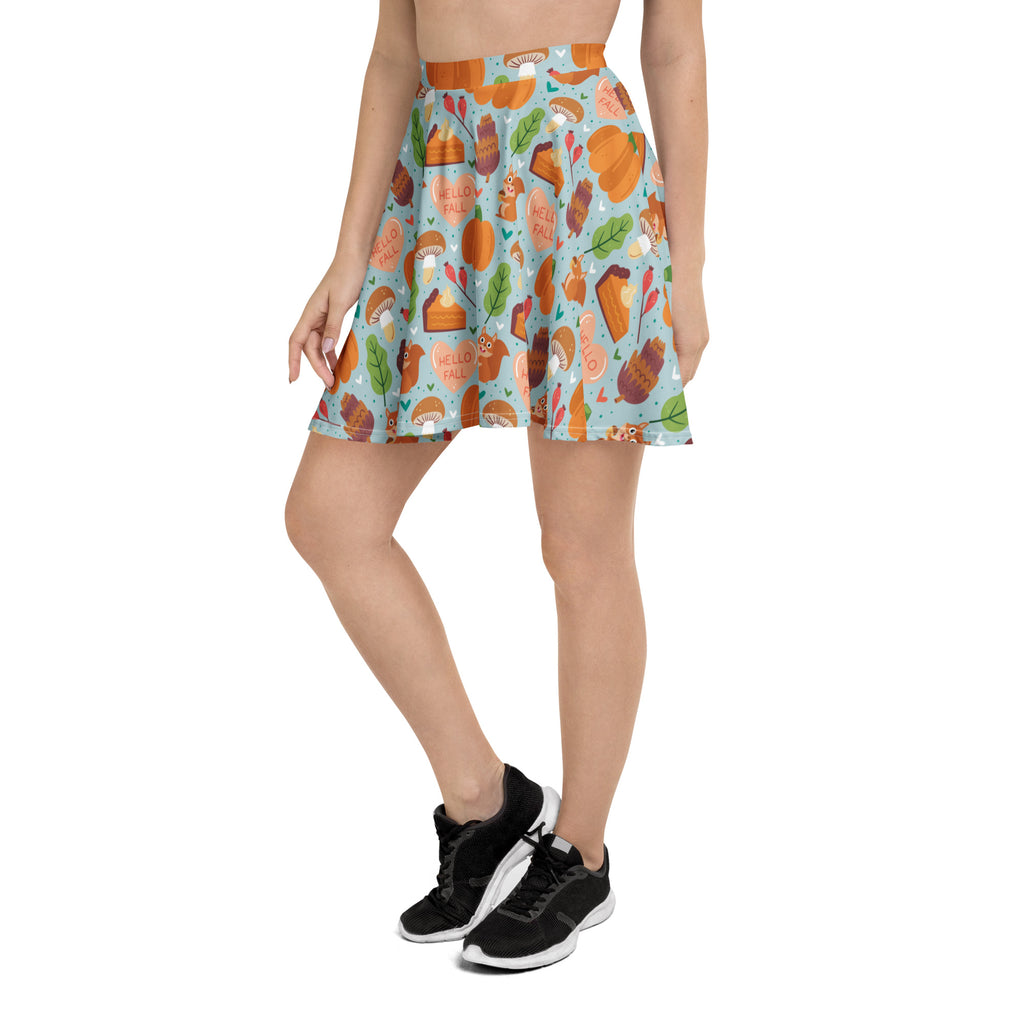 Women’s hello fall skater skirt light blue with autumn pumpkin pie leaf pattern flowy high waisted recycled fabric upf 50+