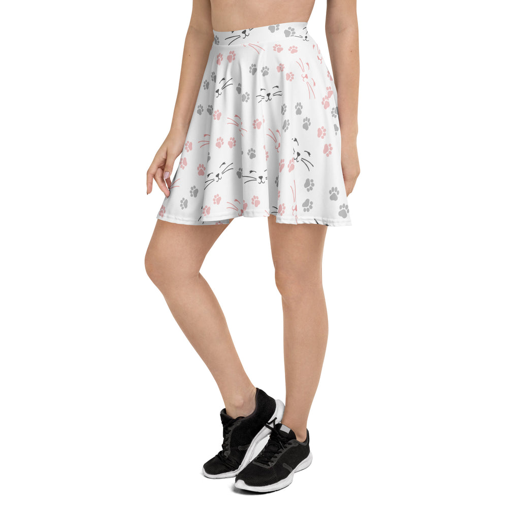 White flared skater skirt with pink and gray cat faces paw prints high waisted flowy fabric with upf 50 plus
