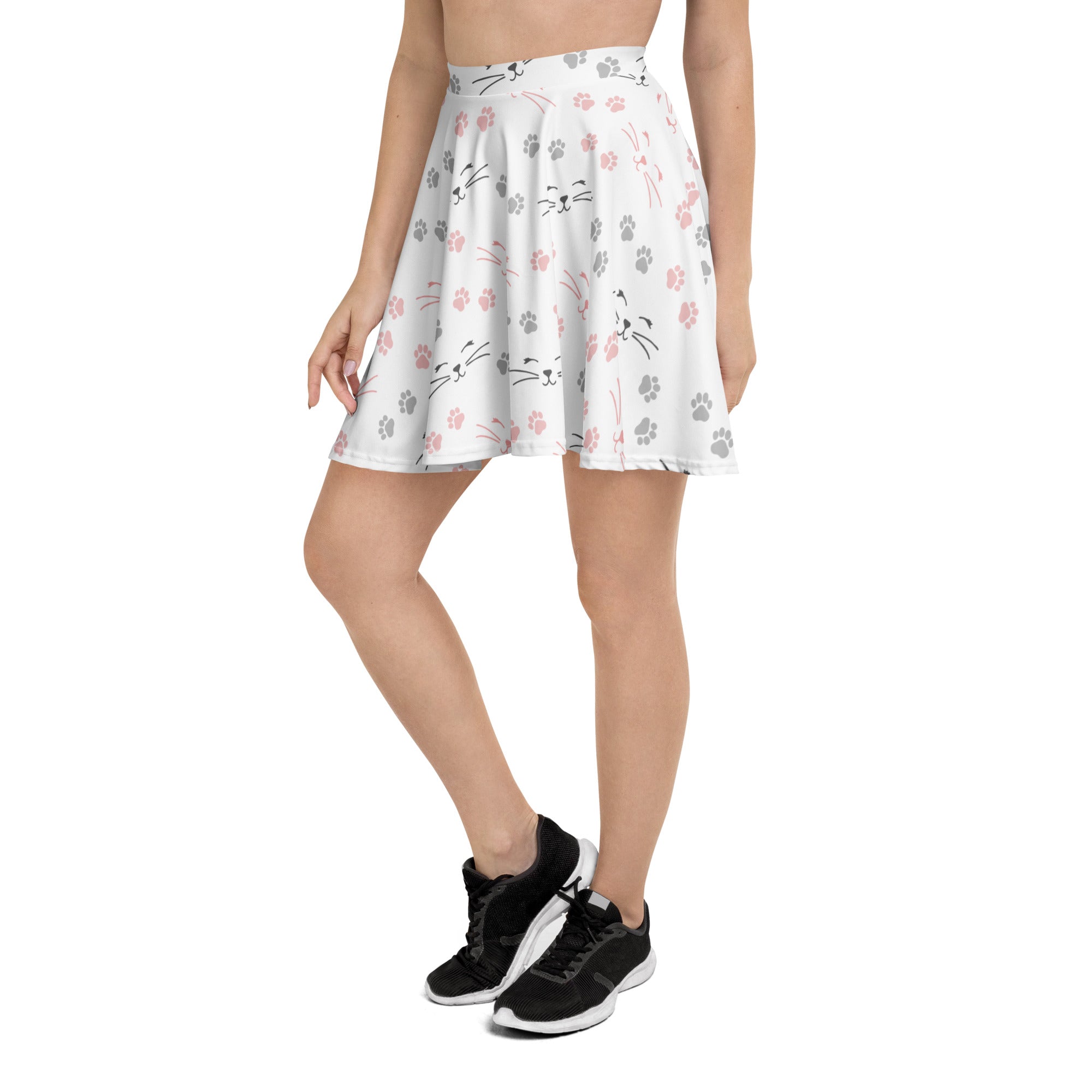 White flared skater skirt with pink and gray cat faces paw prints high waisted flowy fabric with upf 50 plus