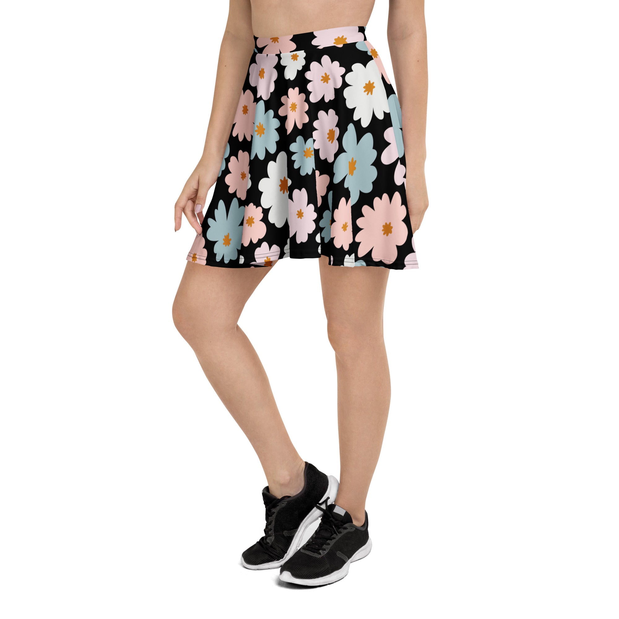 Women’s retro floral skater skirt flowy high waisted black pleated with pastel floral pattern upf 50 plus recycled fabric