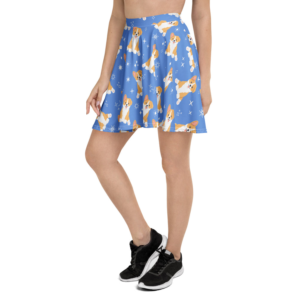 Women’s blue corgi dog skater skirt with playful cartoon corgis and stars, flowy high waisted, upf 50 plus recycled fabric