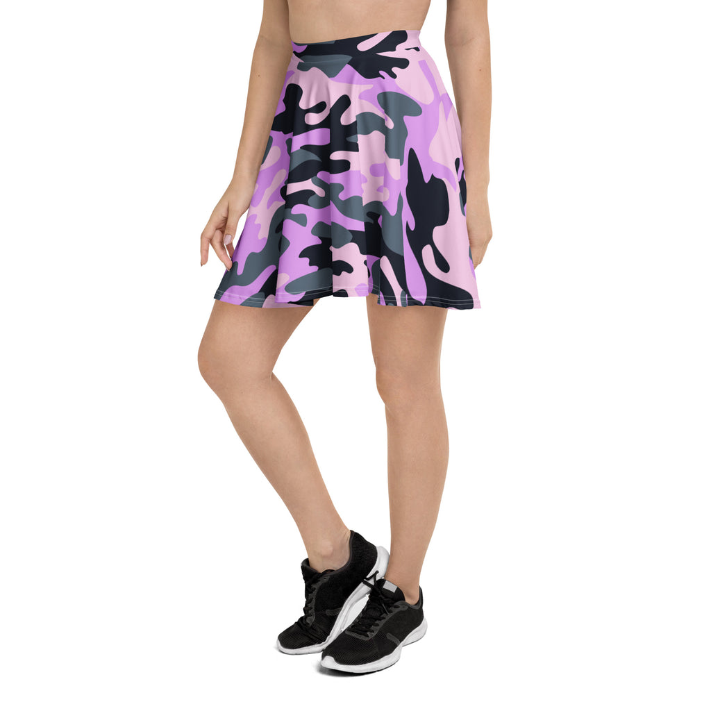 Women’s purple and black camouflage flared skirt made from lightweight recycled fabric with UPF 50 plus protection