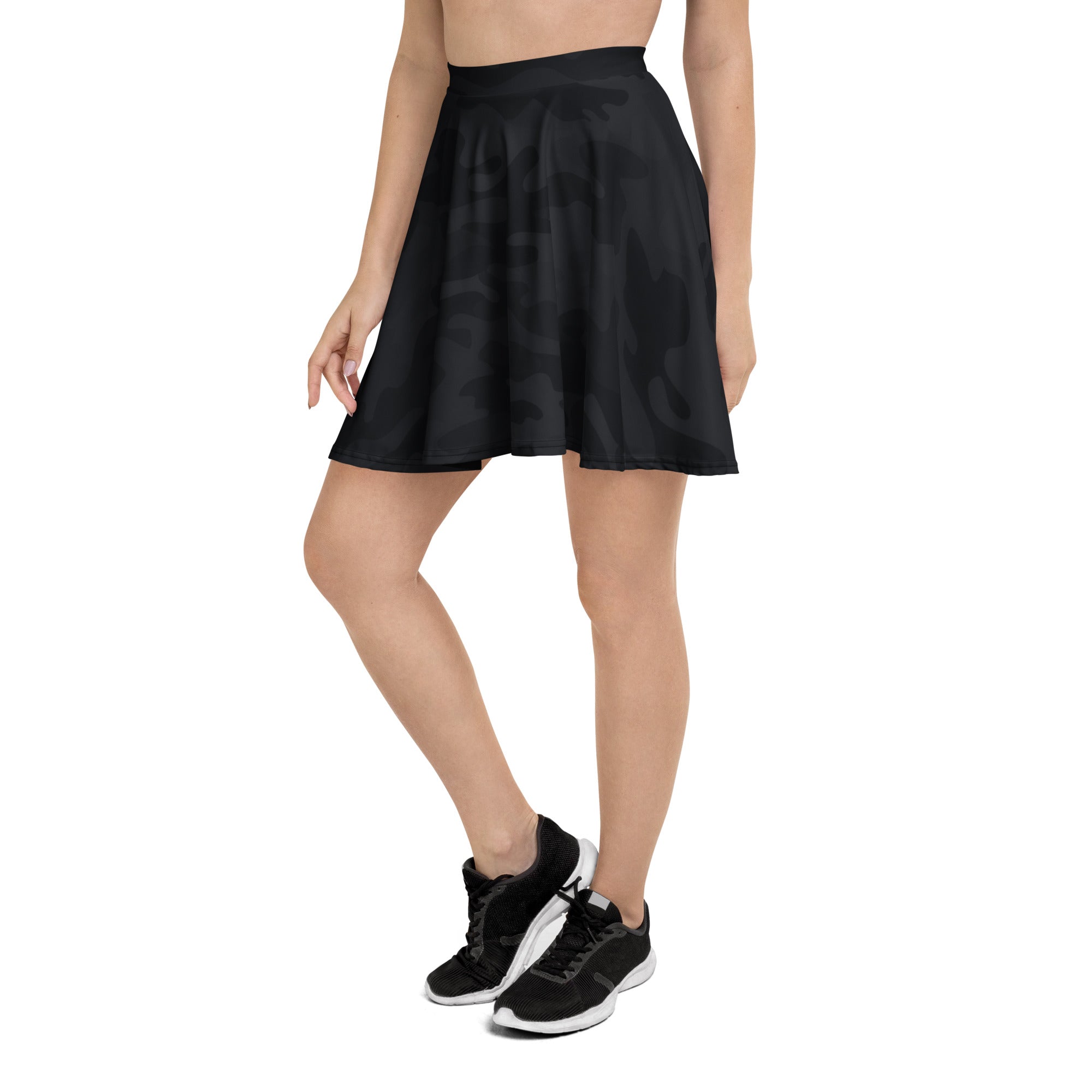 Women’s black camouflage skater skirt with pleats flowy high waisted made from recycled fabric with upf 50+ protection