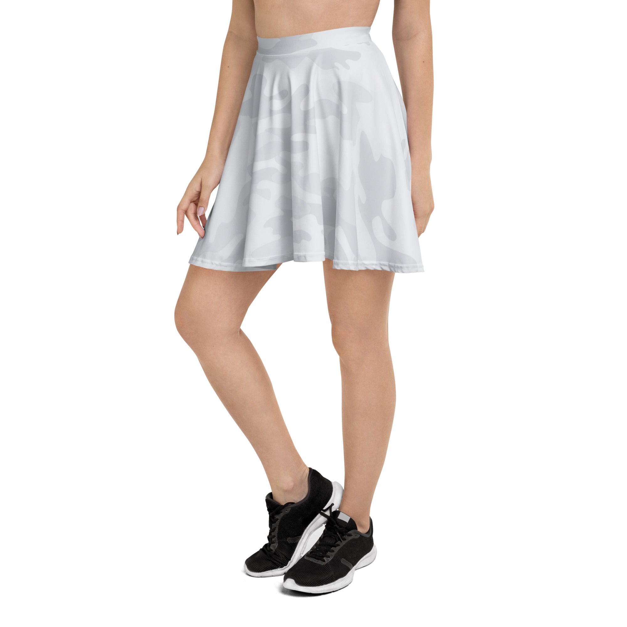 Women’s light gray pleated skater skirt with subtle camouflage pattern flowy high waisted recycled fabric upf 50+