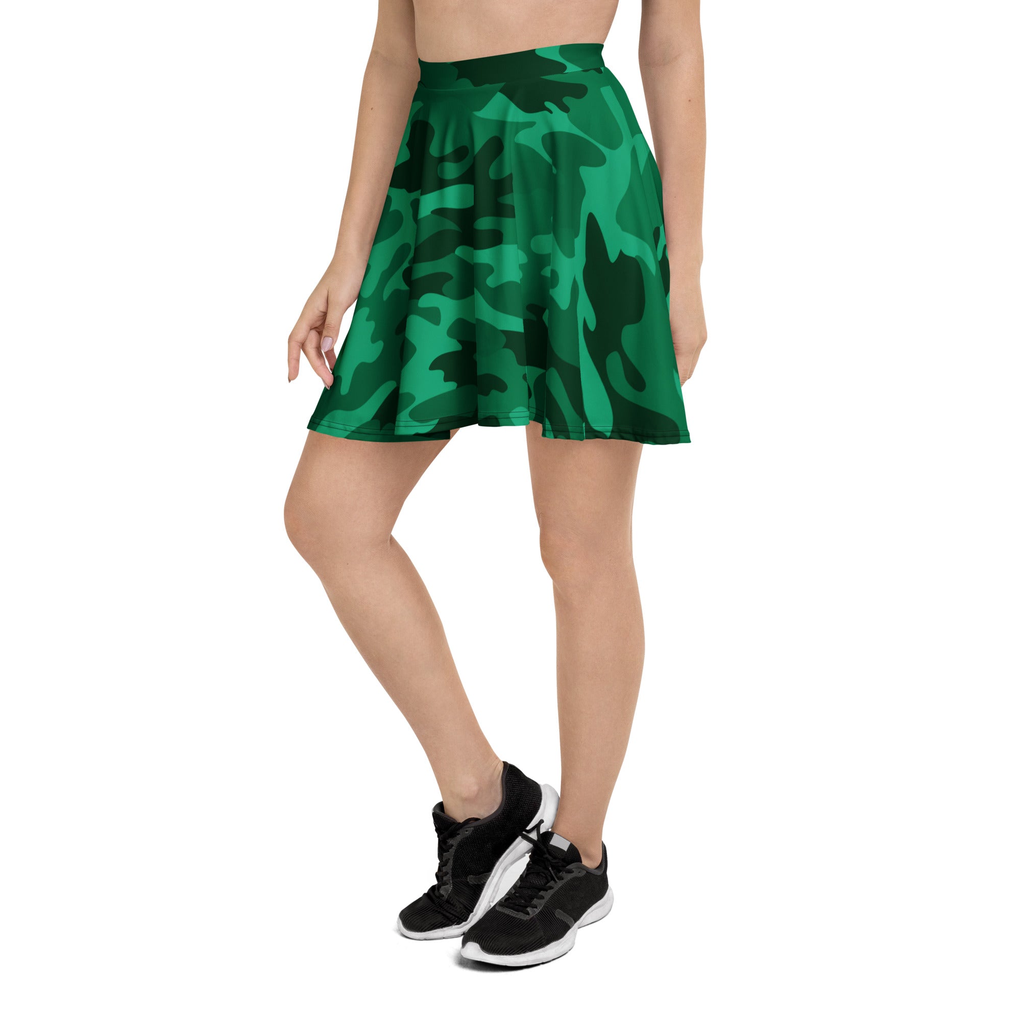 Women’s green camouflage skater skirt with flared lightweight fabric high waisted flowy design and upf 50 recycled material