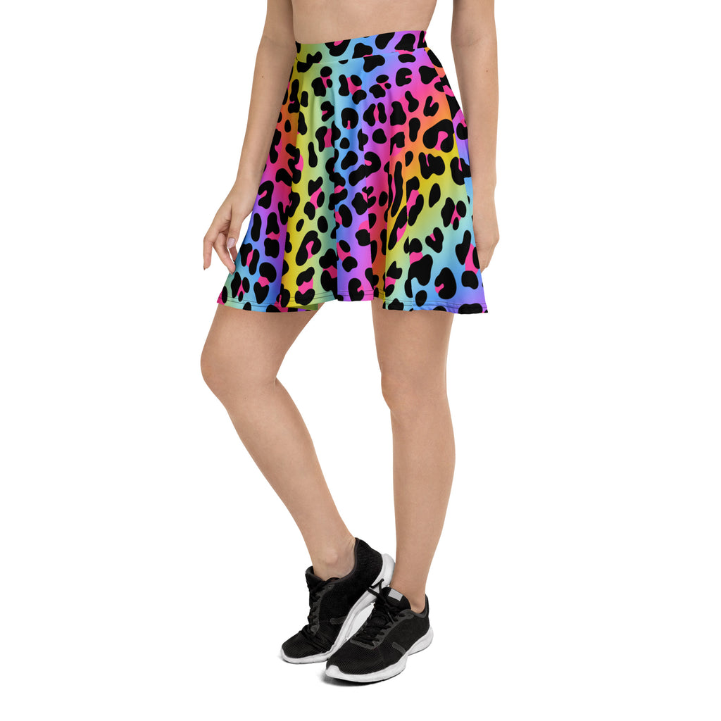 Women’s rainbow leopard skater skirt flared high waisted flowy made with recycled fabric and upf 50 plus protection