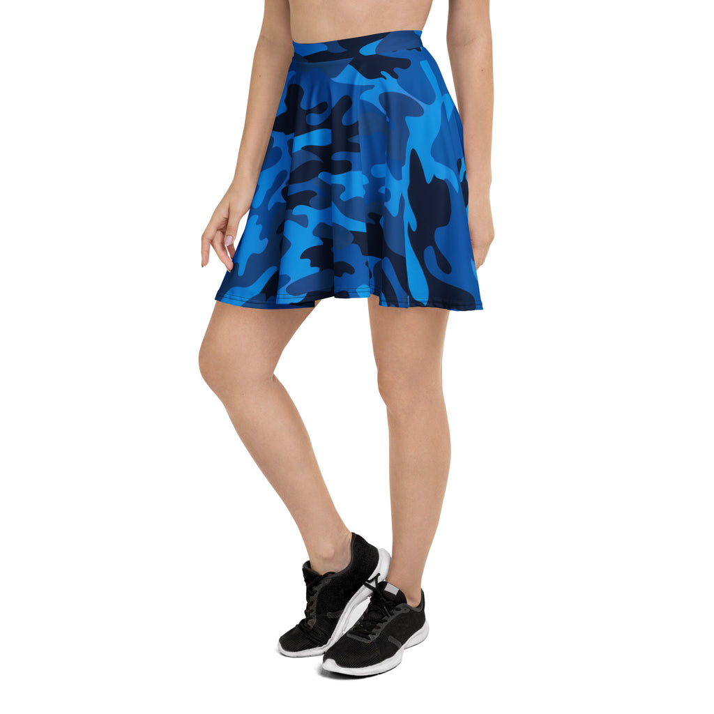 Women’s blue and black camouflage skater skirt with flared lightweight fabric high waisted and upf 50 plus recycled fabric