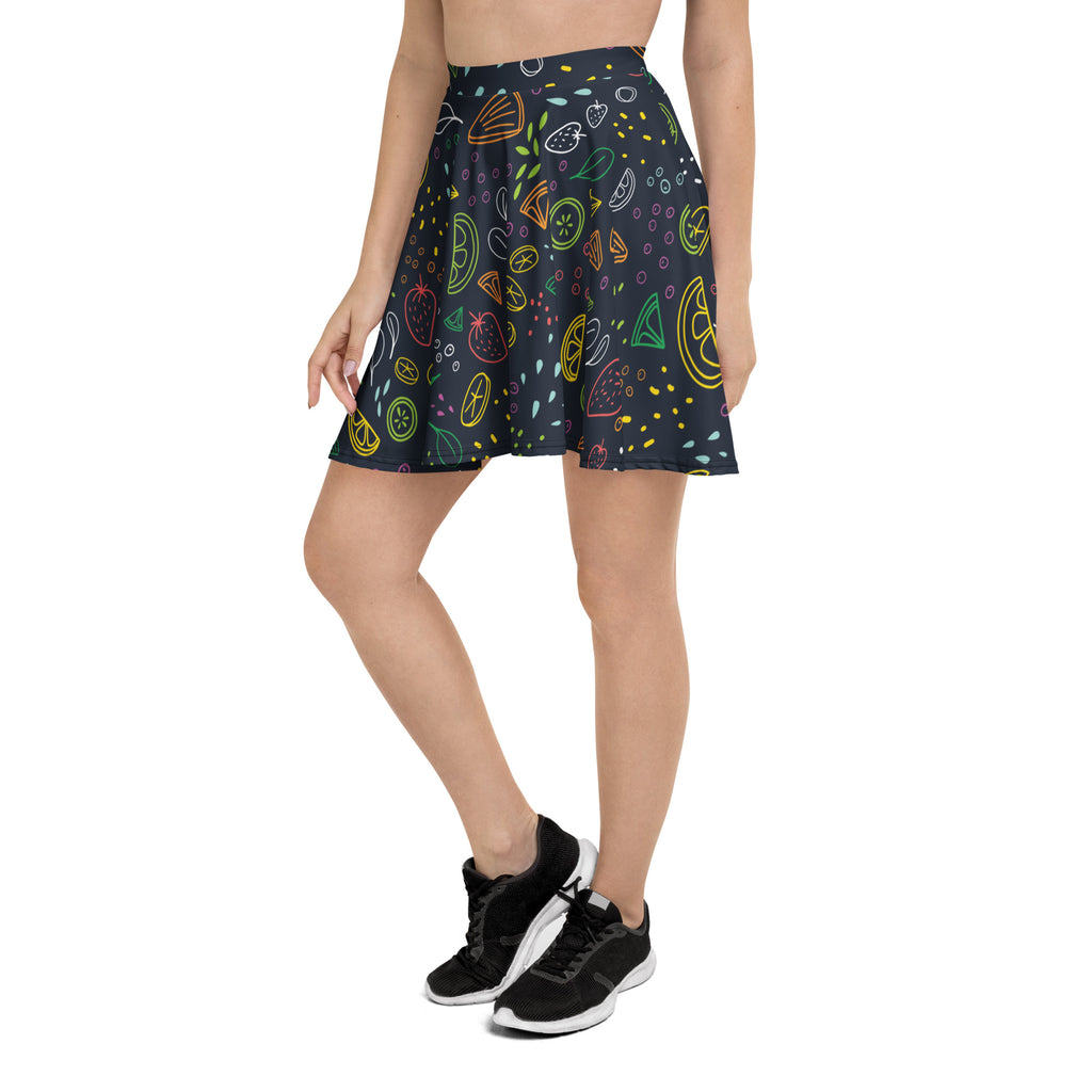 A navy blue neon fruit skater skirt with vibrant lemon strawberry and watermelon patterns made from recycled fabric