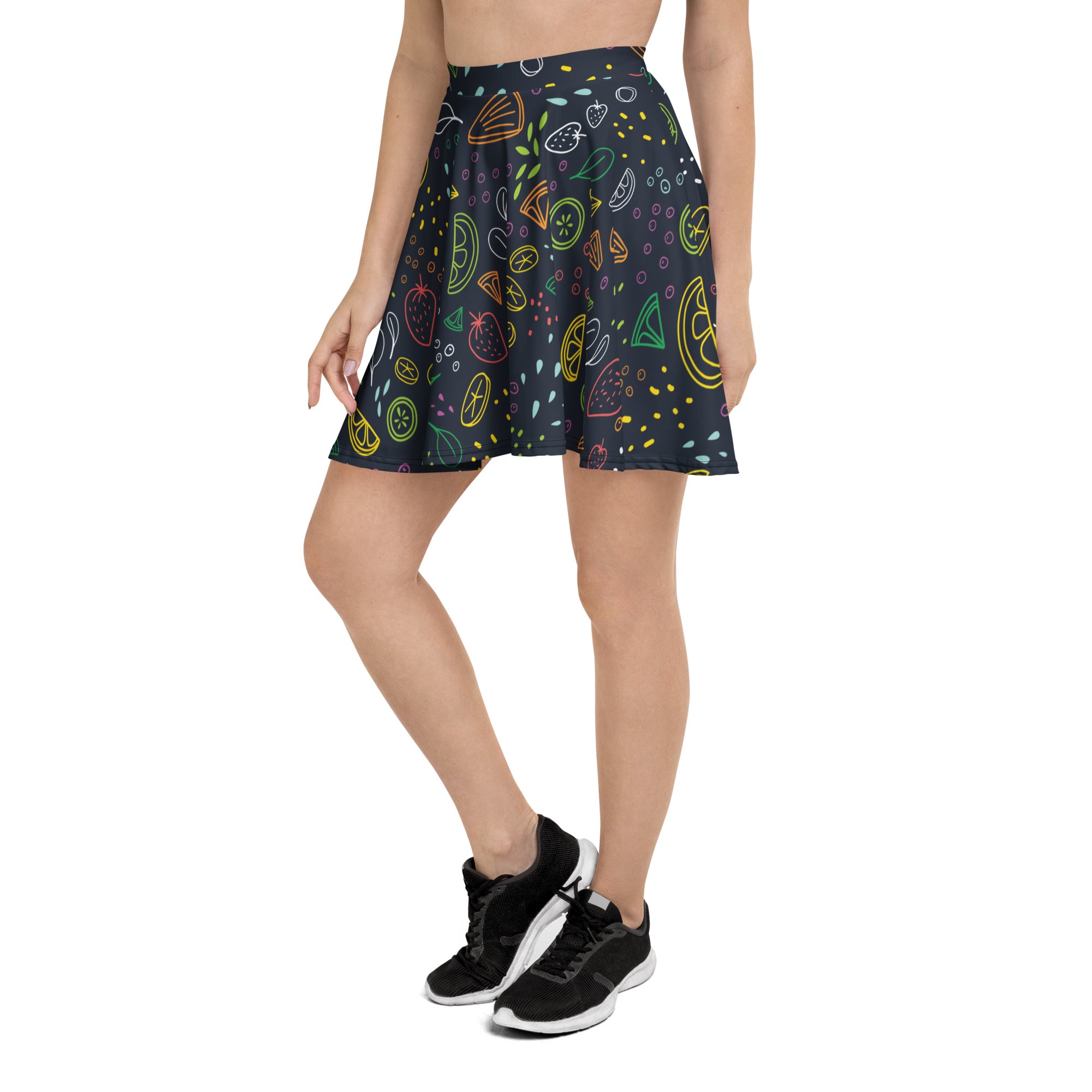 A navy blue neon fruit skater skirt with vibrant lemon strawberry and watermelon patterns made from recycled fabric