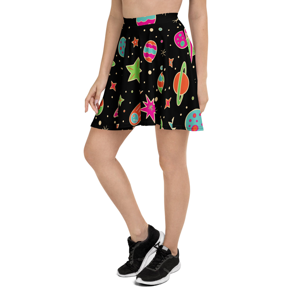 Women’s retro black space skater skirt with vibrant cartoon planets stars cosmic shapes in recycled fabric and UPF 50+