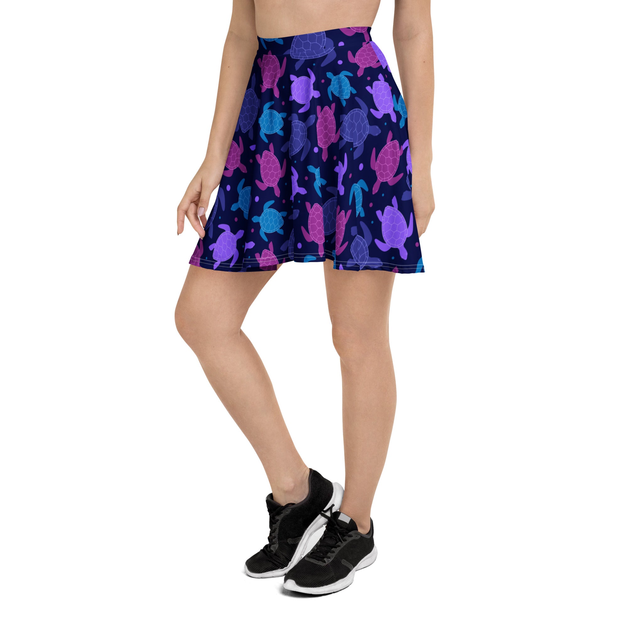Women’s purple sea turtle skater skirt with high waist flared design recycled fabric and upf 50 plus protection