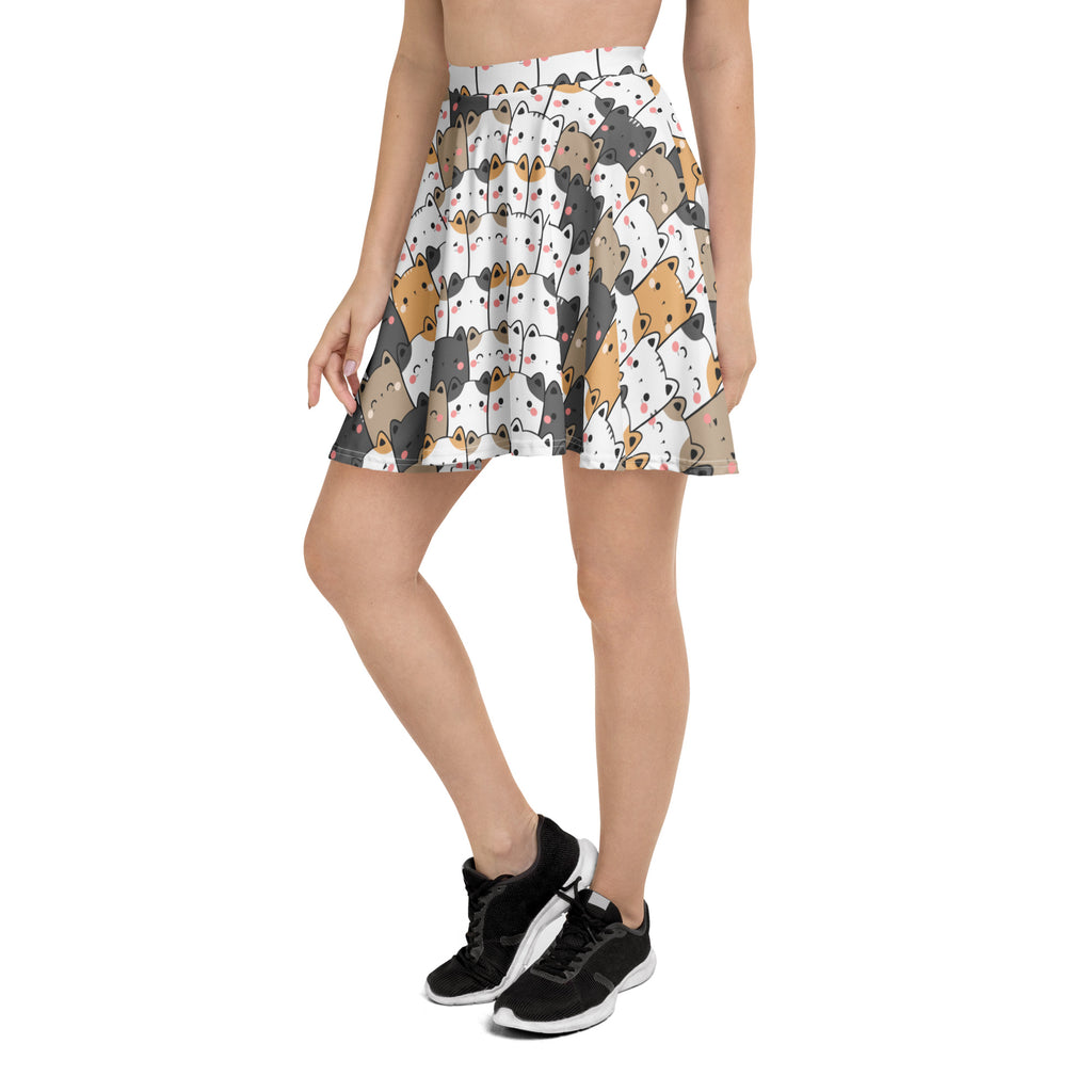 Women’s kawaii cat skater skirt white pleated high waisted with colorful cartoon cats upf 50 plus recycled fabric