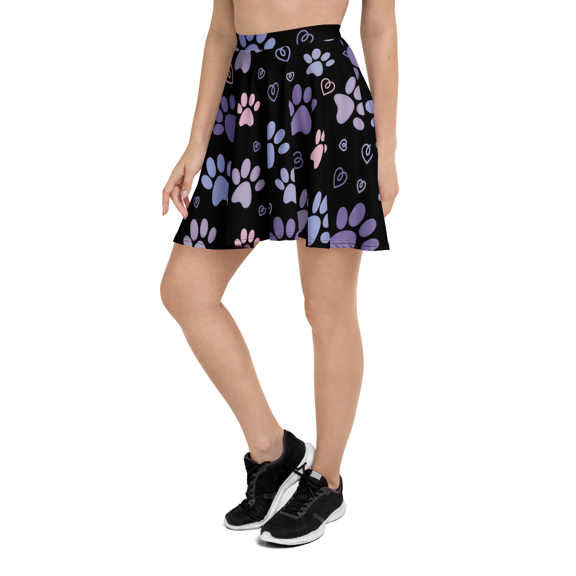 Black flared skater skirt with purple and pink paw prints hearts high waisted flowy recycled fabric upf 50+