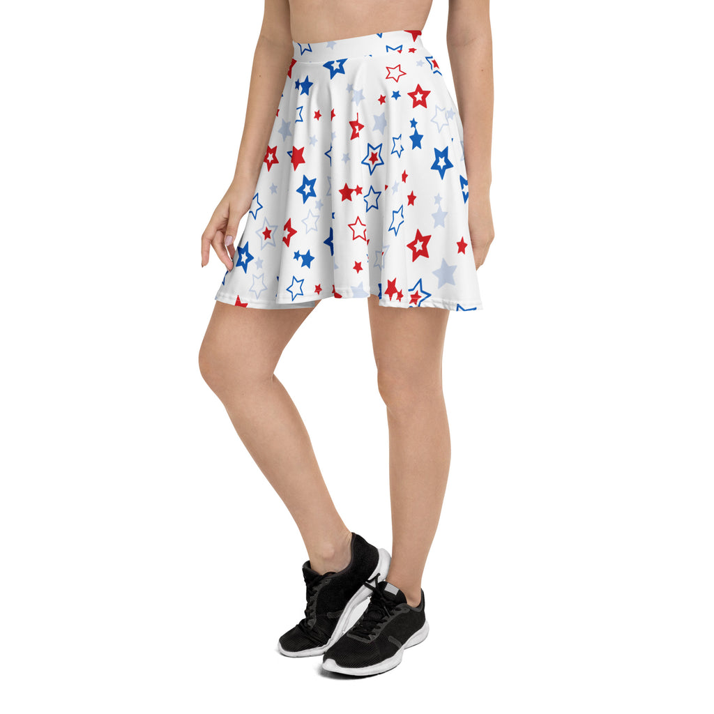 White pleated women’s usa stars skater skirt with red white and blue star pattern flowy high waisted recycled fabric