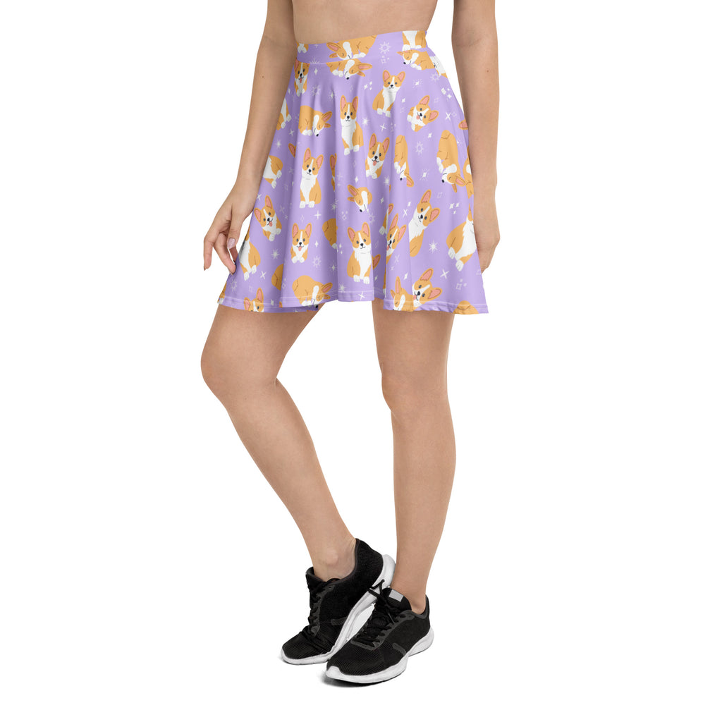 Women’s purple corgi dog skater skirt with playful orange white corgis flowy high waisted recycled fabric upf 50+