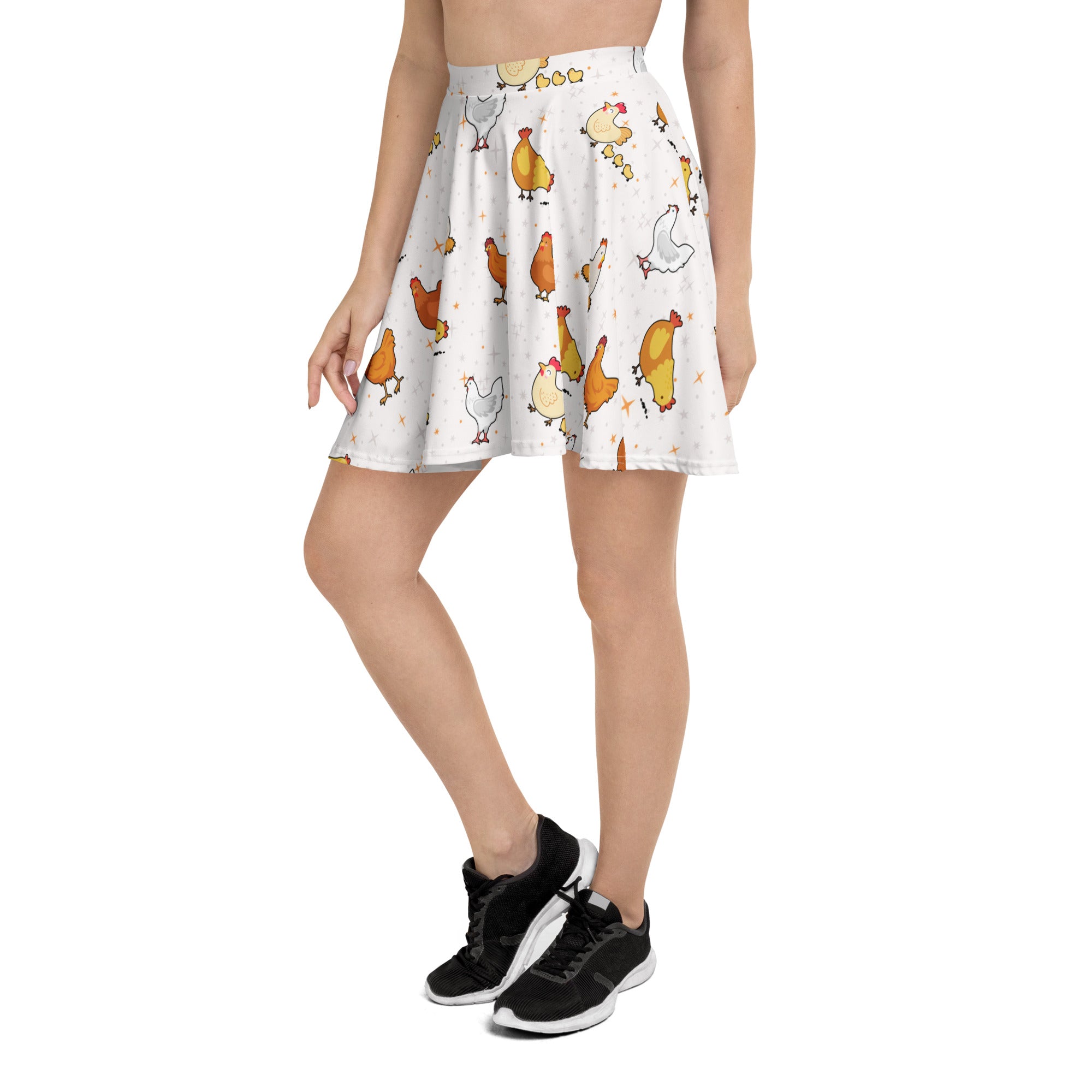 White women’s chicken skater skirt with playful multicolor cartoon chicken pattern flowy high waisted recycled fabric upf 50+