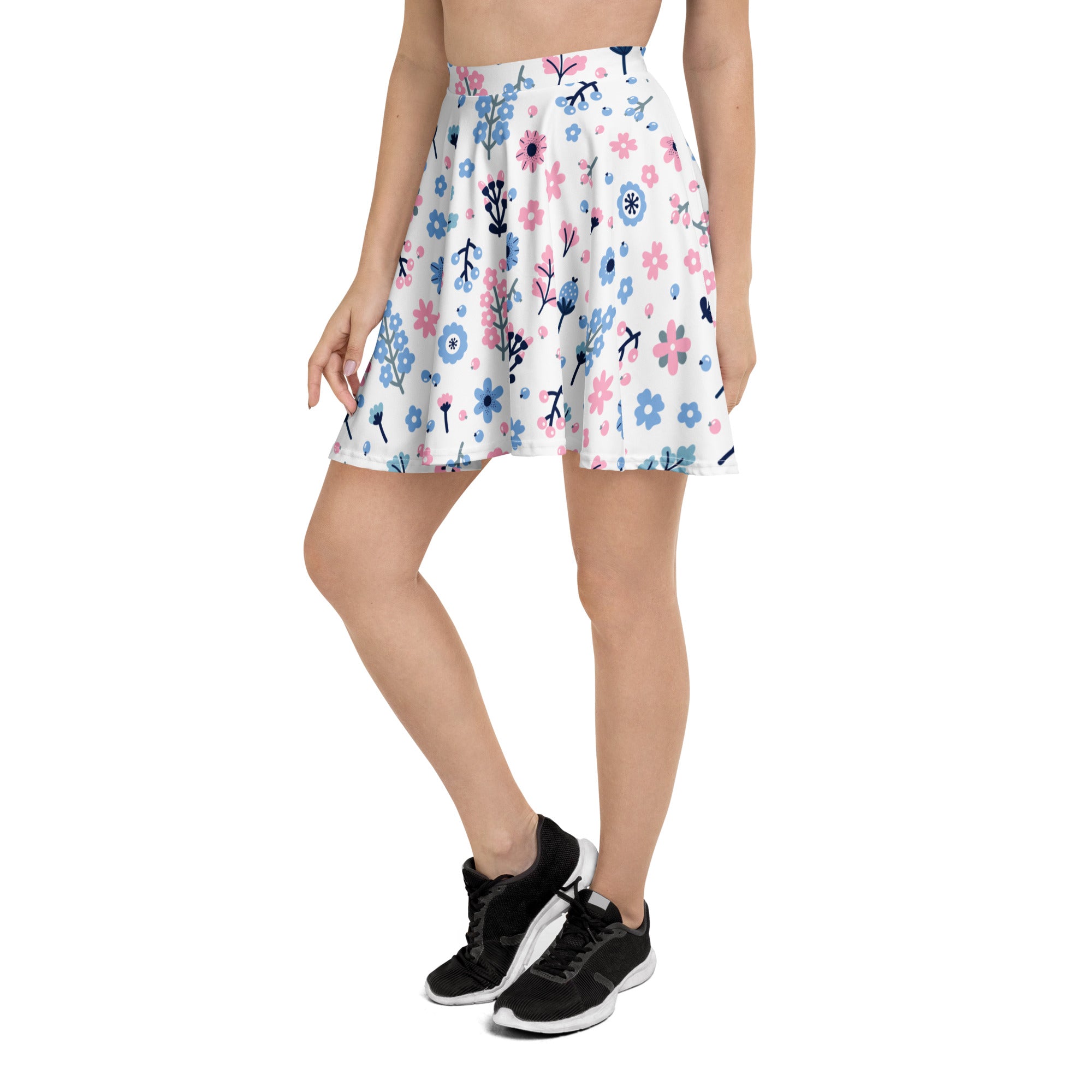 A white floral skater skirt with pink and blue flowers high waisted flowy with upf 50 plus recycled fabric