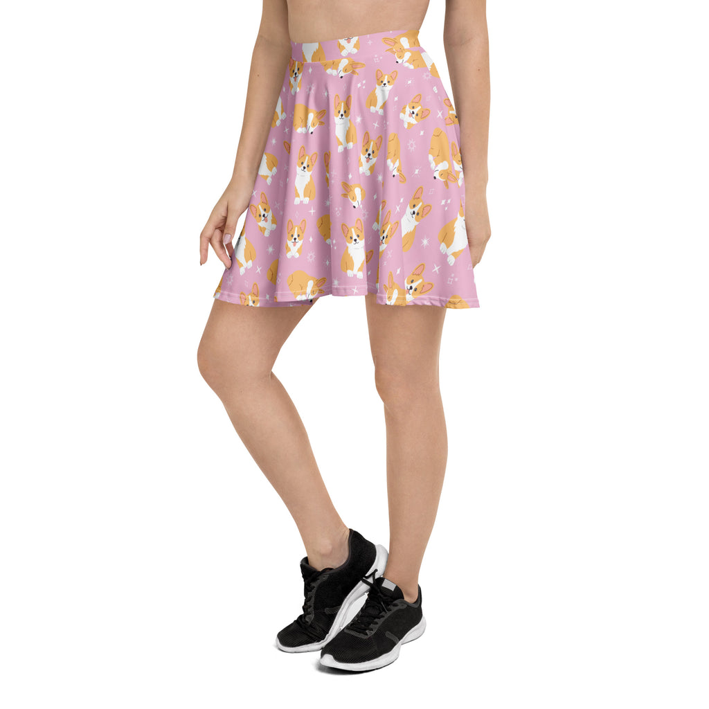 Women’s pink corgi dog skater skirt with playful cartoon corgi pattern high waisted flowy upf 50 plus recycled fabric