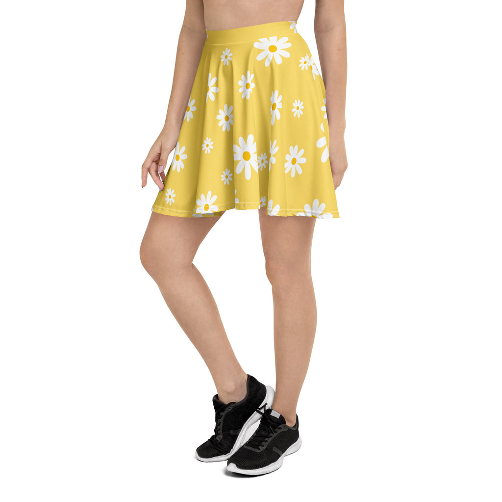 Women’s yellow daisy skater skirt flowy high waisted made with recycled fabric and upf 50 plus protection