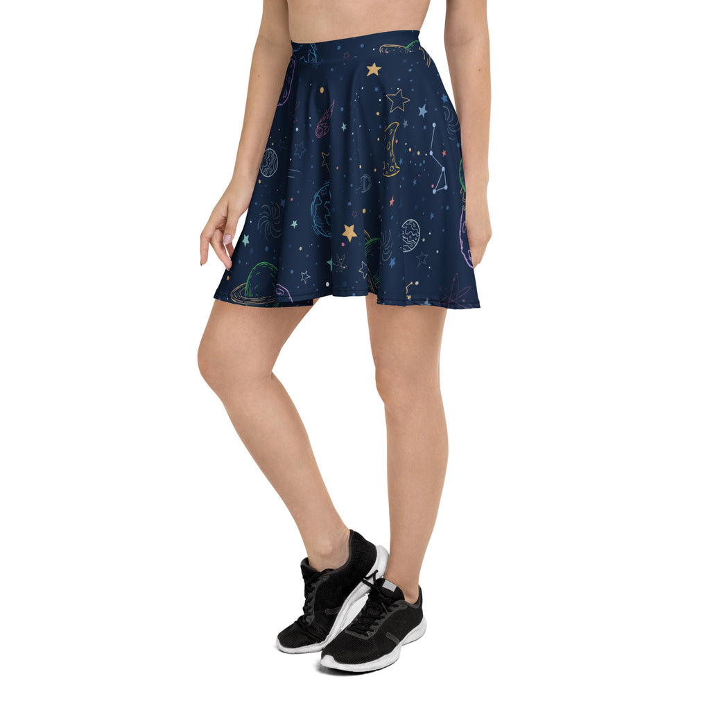 Navy blue women’s colorful galaxy space skater skirt with whimsical pastel stars moons planets and recycled fabric