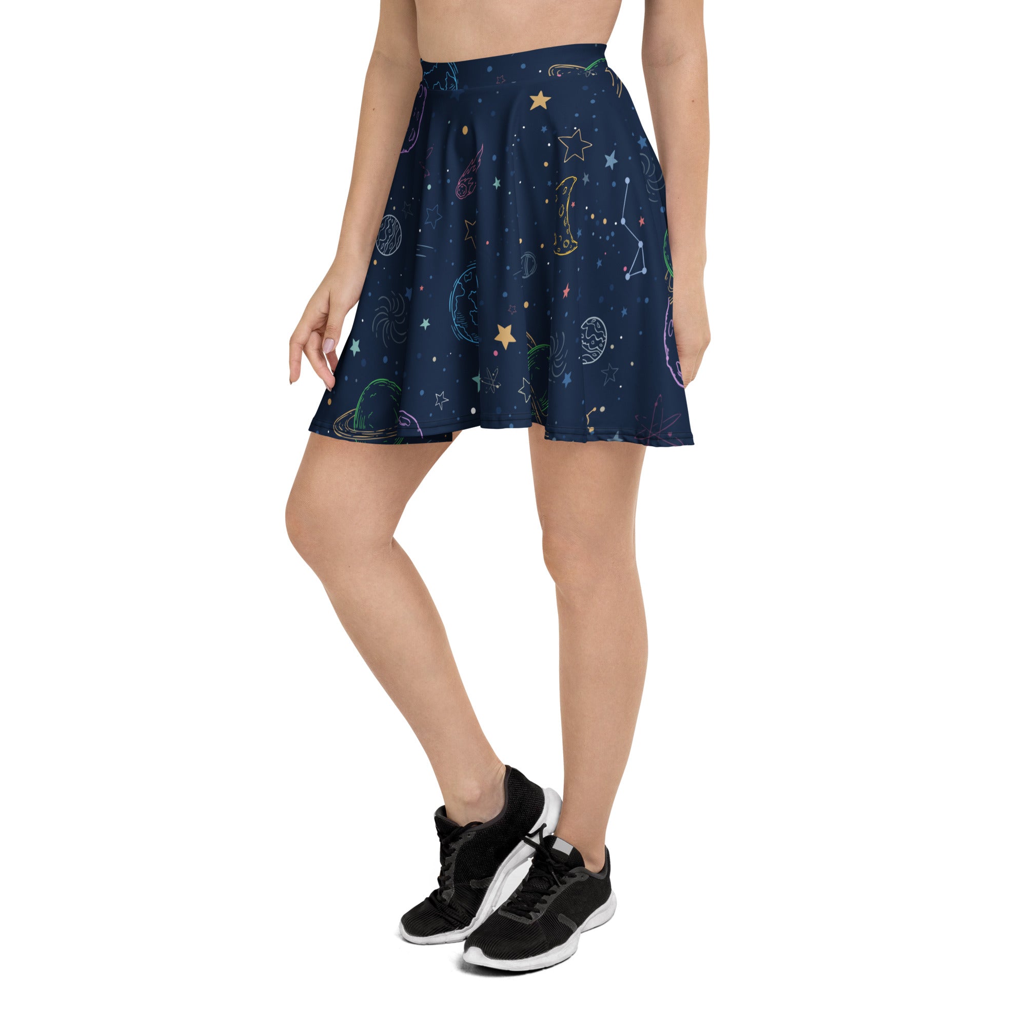 Navy blue women’s colorful galaxy space skater skirt with whimsical pastel stars moons planets and recycled fabric