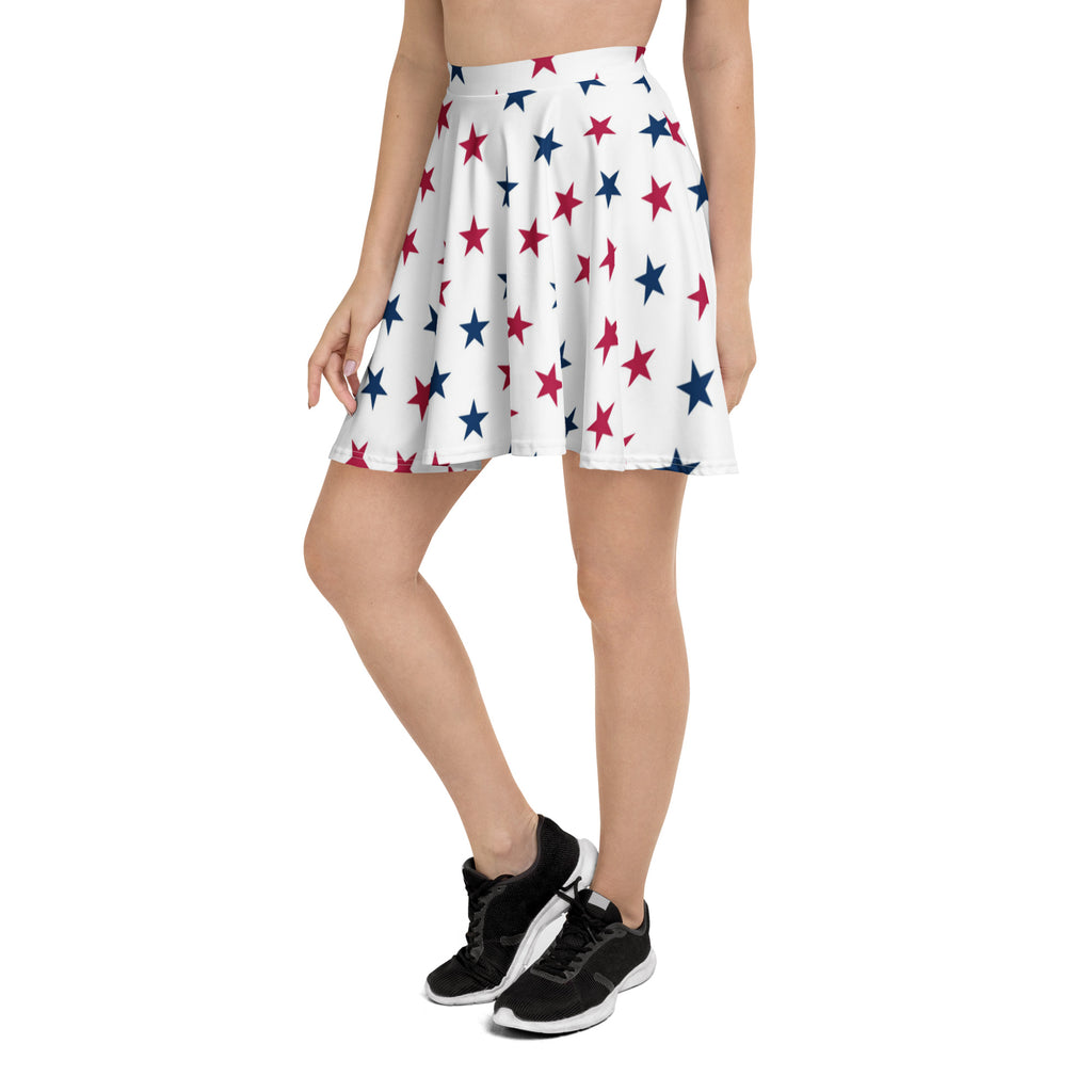 White pleated skater skirt with red and blue stars flowy high waisted upf 50 plus recycled fabric