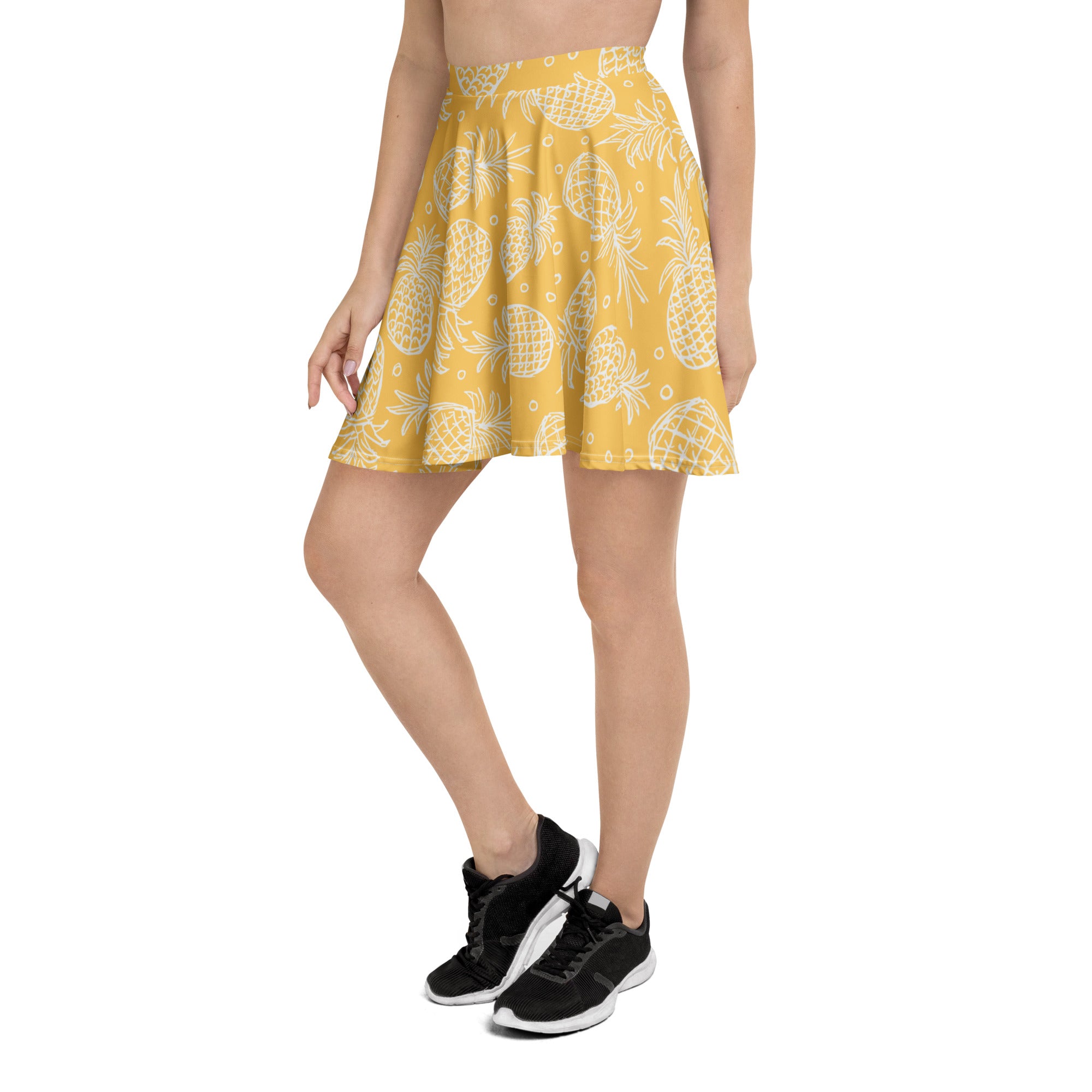 Yellow pineapple-print women’s skater skirt with white outline design flowy high waisted UPF 50 plus recycled fabric