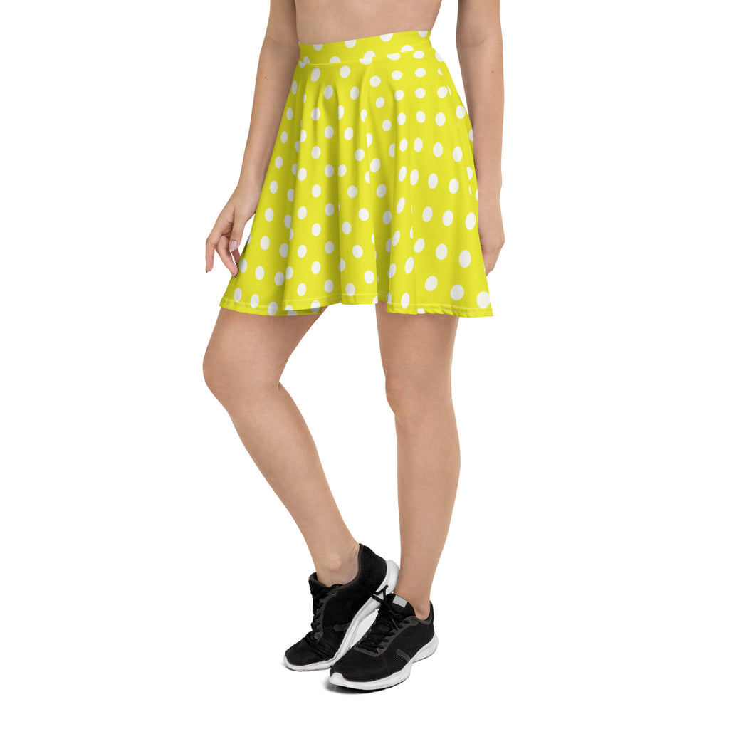 Bright yellow pleated women’s skater skirt with white polka dots high waisted flowy upf 50 recycled fabric