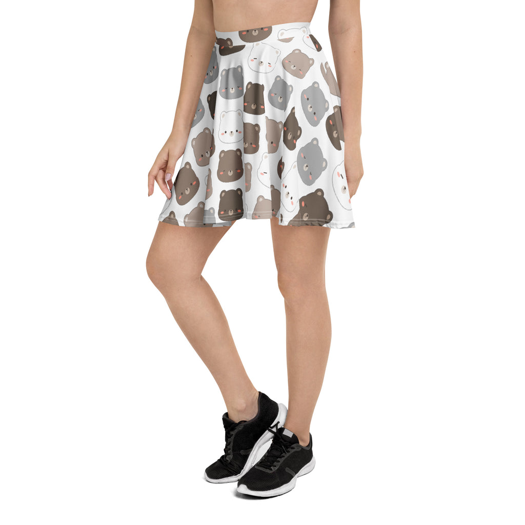White flared women’s cute bear skater skirt with playful brown bear pattern made from recycled fabric with upf 50+ protection