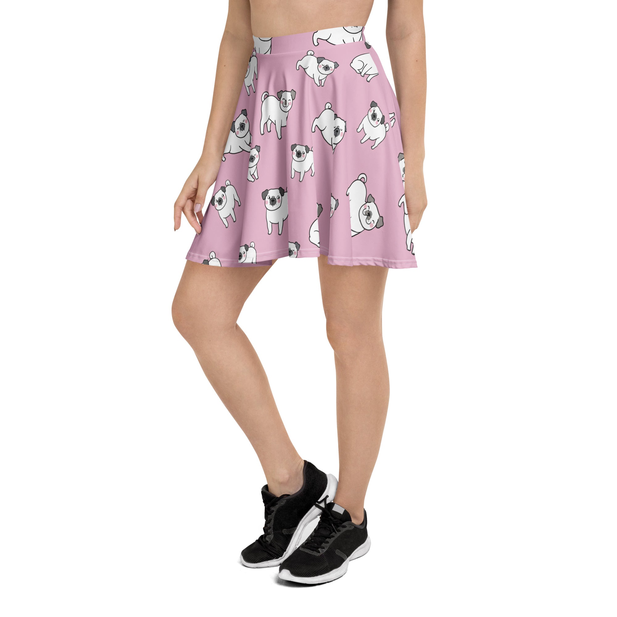 Women’s pink pug skater skirt with playful cartoon pattern flowy high waisted upf 50 plus recycled fabric