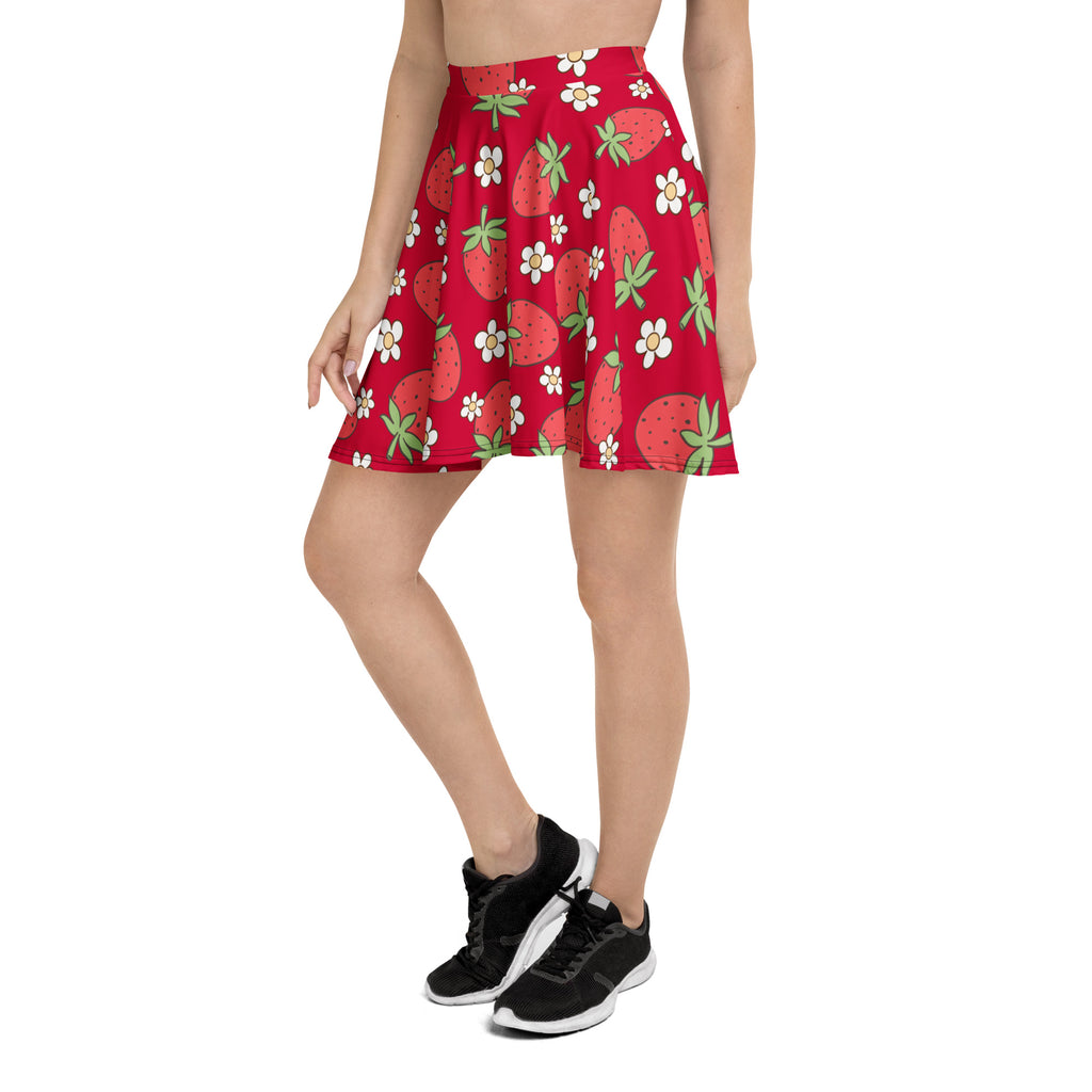 Women’s red strawberry skater skirt with playful daisies print flowy high waisted upf 50 plus recycled fabric