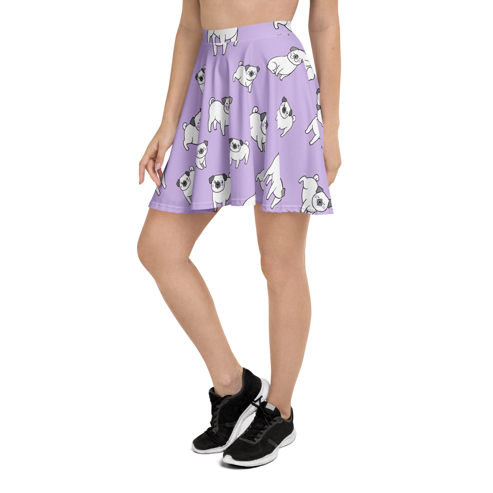 Women’s purple corgi dog skater skirt with playful white pug pattern flowy high waisted recycled fabric upf 50+