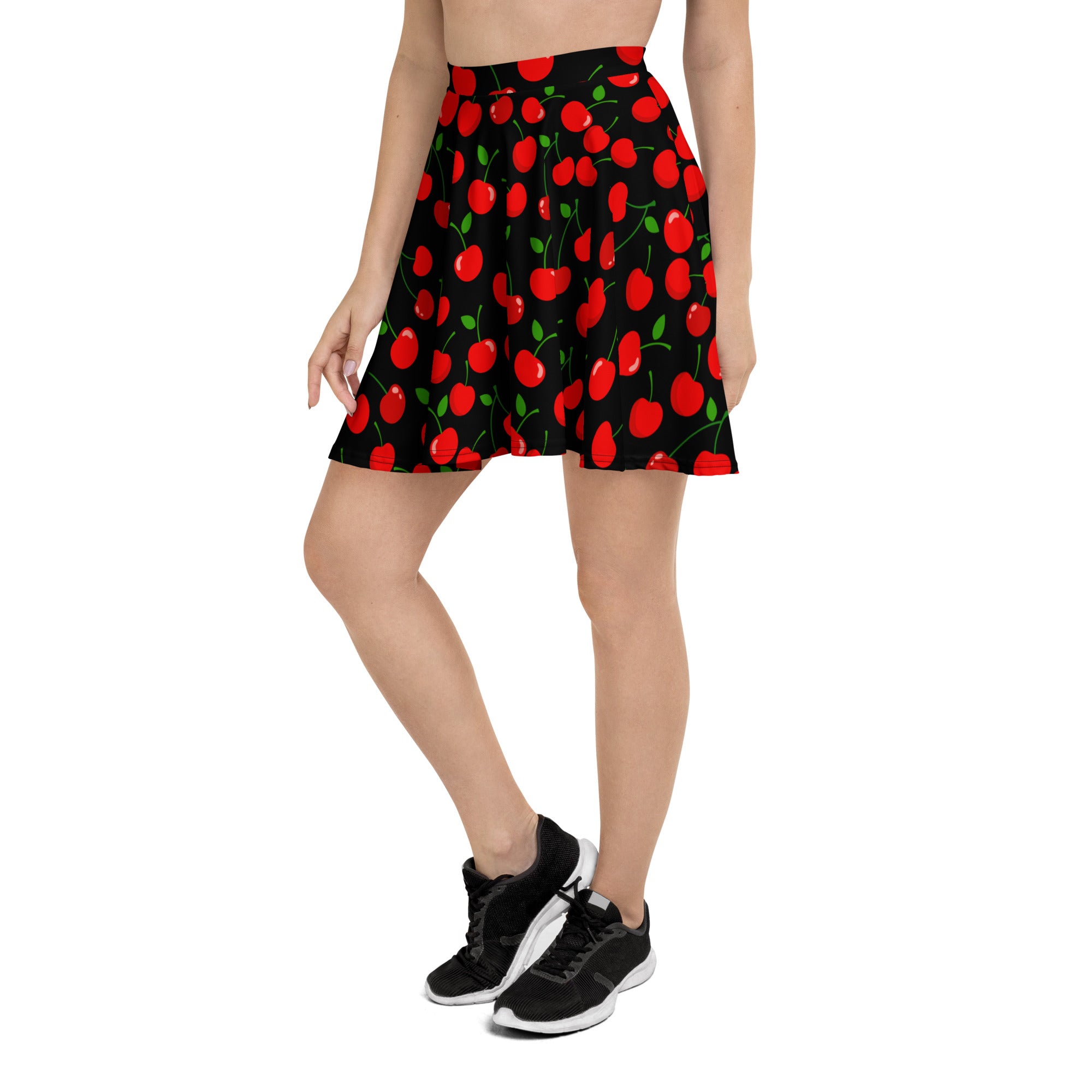 Women’s black cherry skater skirt with red cherry print green stems flowy high waisted recycled fabric upf 50 plus
