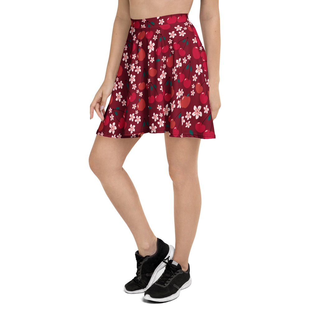 Women’s burgundy cherry blossom skater skirt in flowy recycled fabric with upf 50 plus and flared design