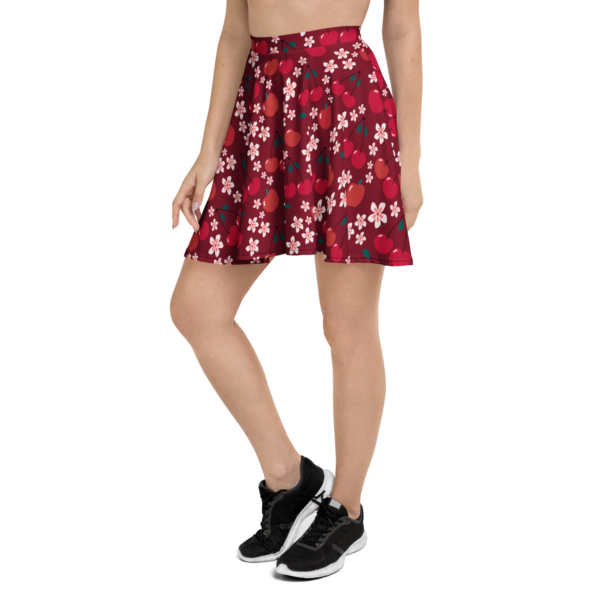 Women’s burgundy cherry blossom skater skirt in flowy recycled fabric with upf 50 plus and flared design