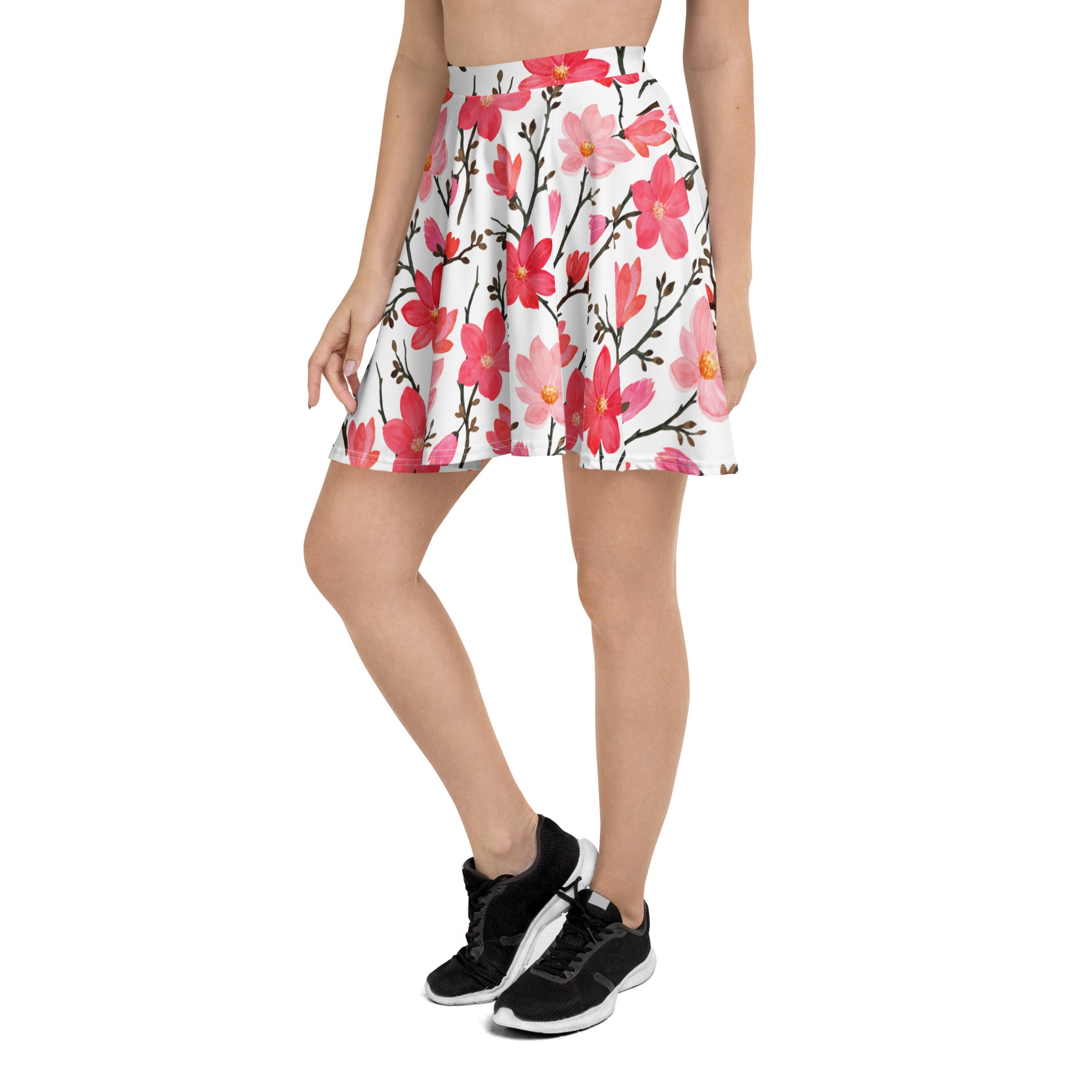 Women’s pink watercolor floral skater skirt with white base black branches flowy high waisted recycled fabric upf 50+