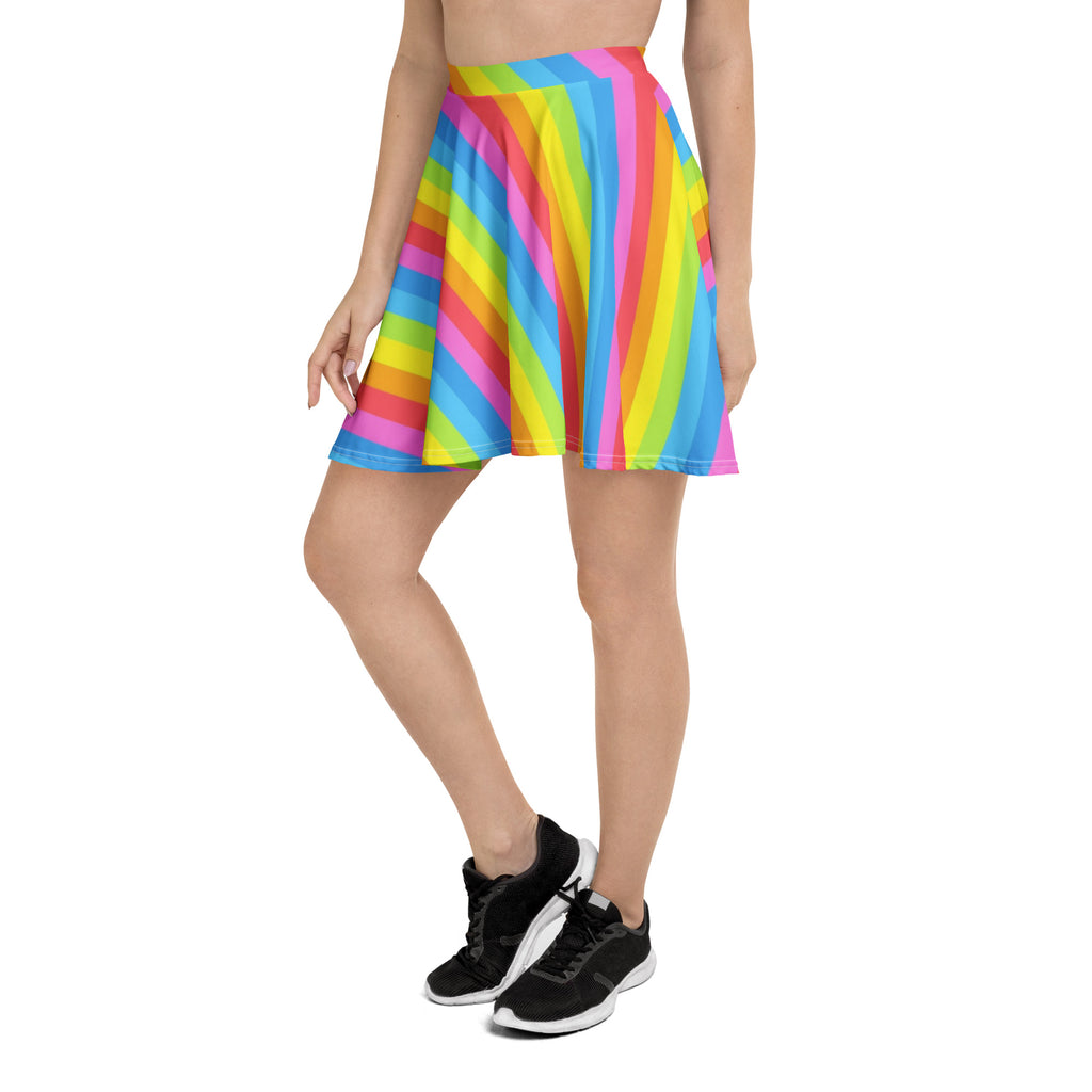 Women’s rainbow stripe skater skirt with diagonal bright pink yellow blue and green stripes made from recycled fabric with UPF 50+
