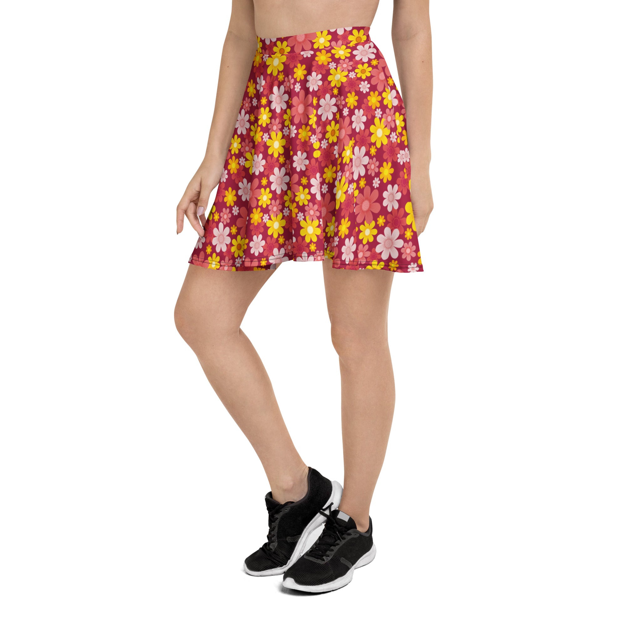 Women’s red retro floral skater skirt with vibrant pink daisy pattern lightweight flared silhouette upf 50 recycled fabric