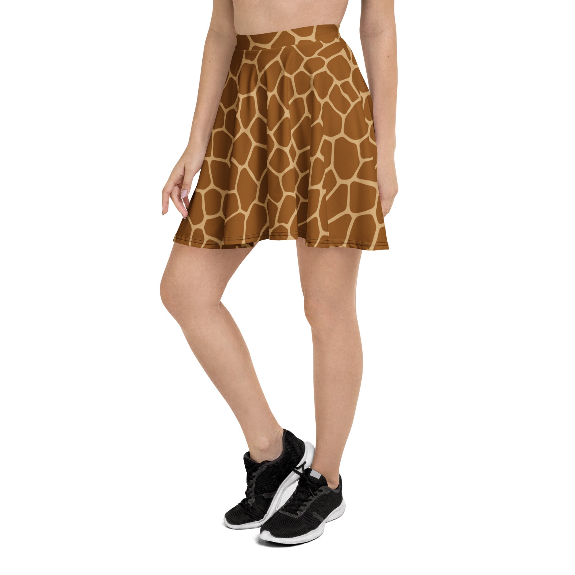 Women’s giraffe print skater skirt with flowy high waist brown and tan soft stretchy fabric with upf 50 and recycled material