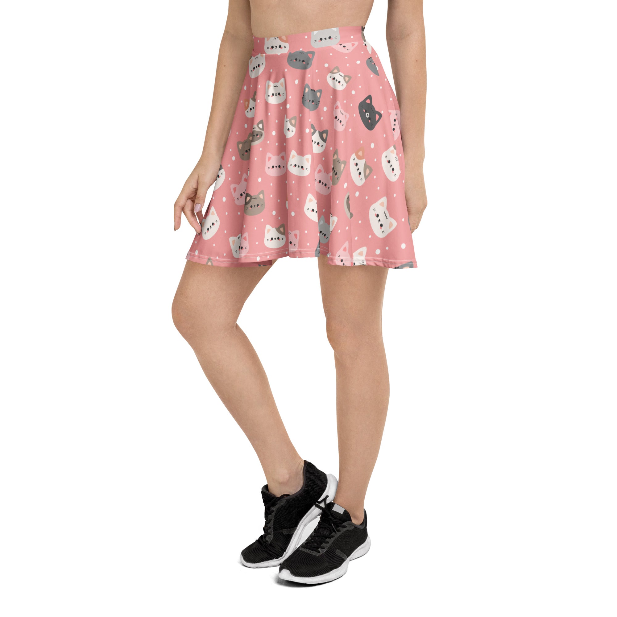 Women’s cute pink skater skirt with colorful cartoon cat pattern flowy high waisted upf 50 plus recycled fabric