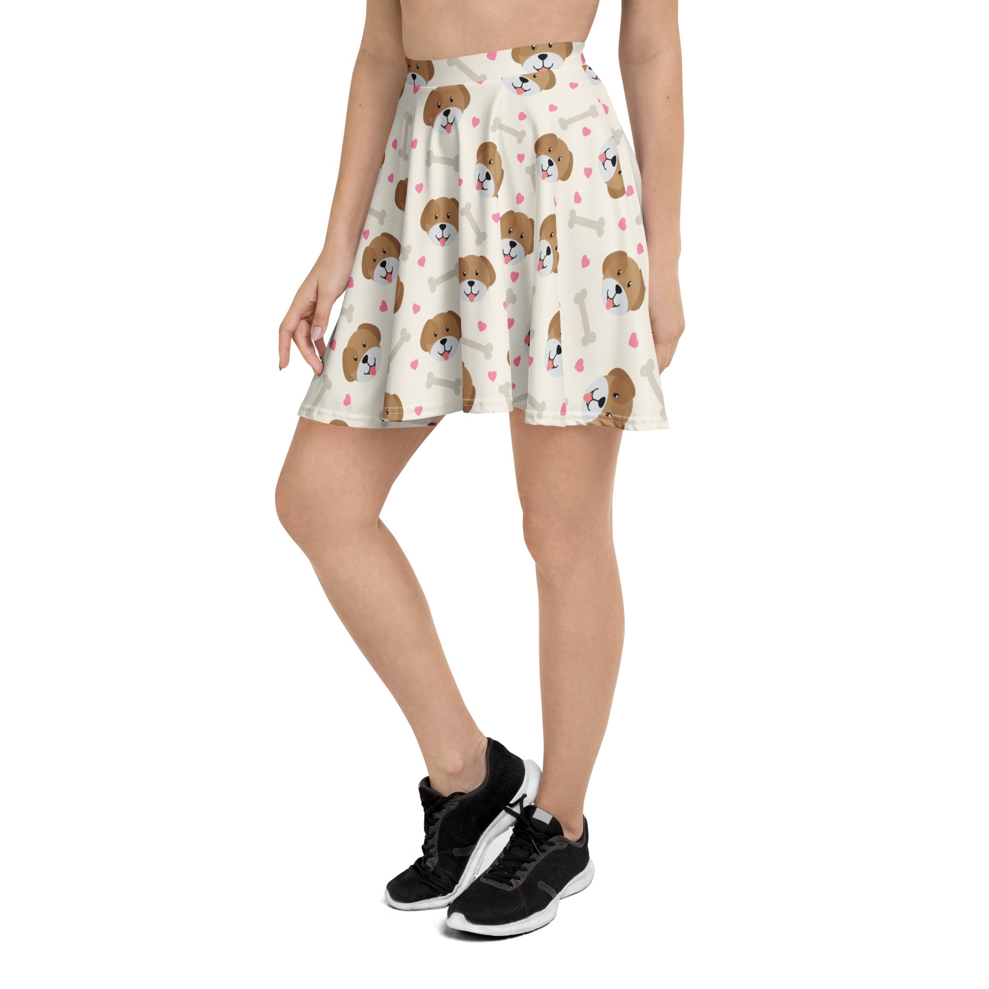 Women’s cute dog print skater skirt in cream fabric with brown beagle faces pink hearts and white bones high waisted flowy