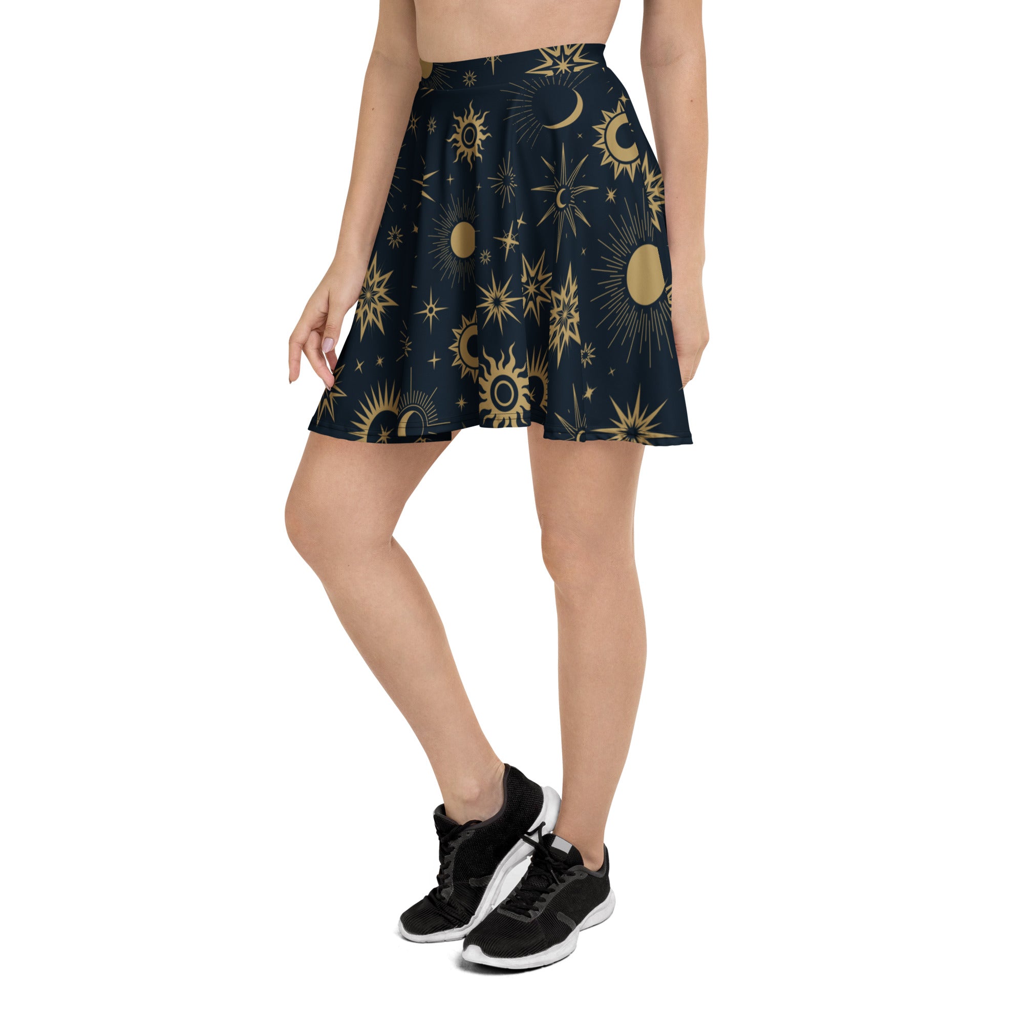 Women’s navy blue celestial sun and moon skater skirt with gold pattern flowy high waisted recycled fabric upf 50+