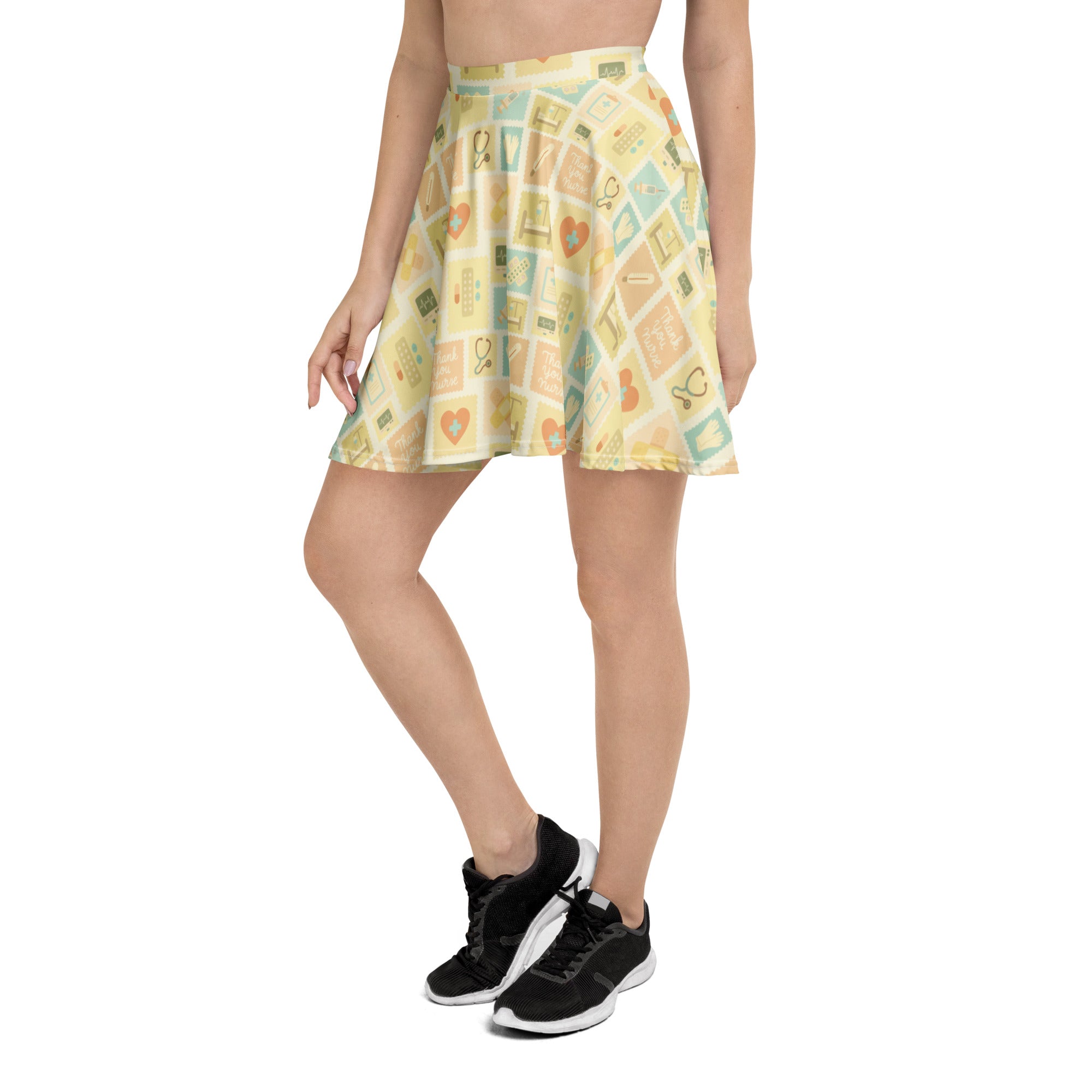 Women’s yellow nurse icon skater skirt with flared fit playful medical print upf 50 plus recycled fabric