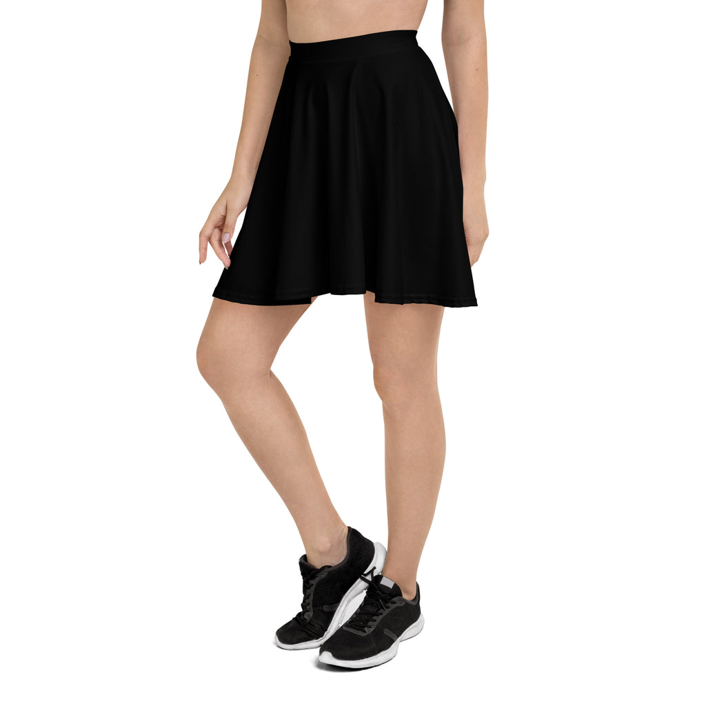 Women’s black high waisted flared skirt made from soft recycled fabric with upf 50 plus for sun protection
