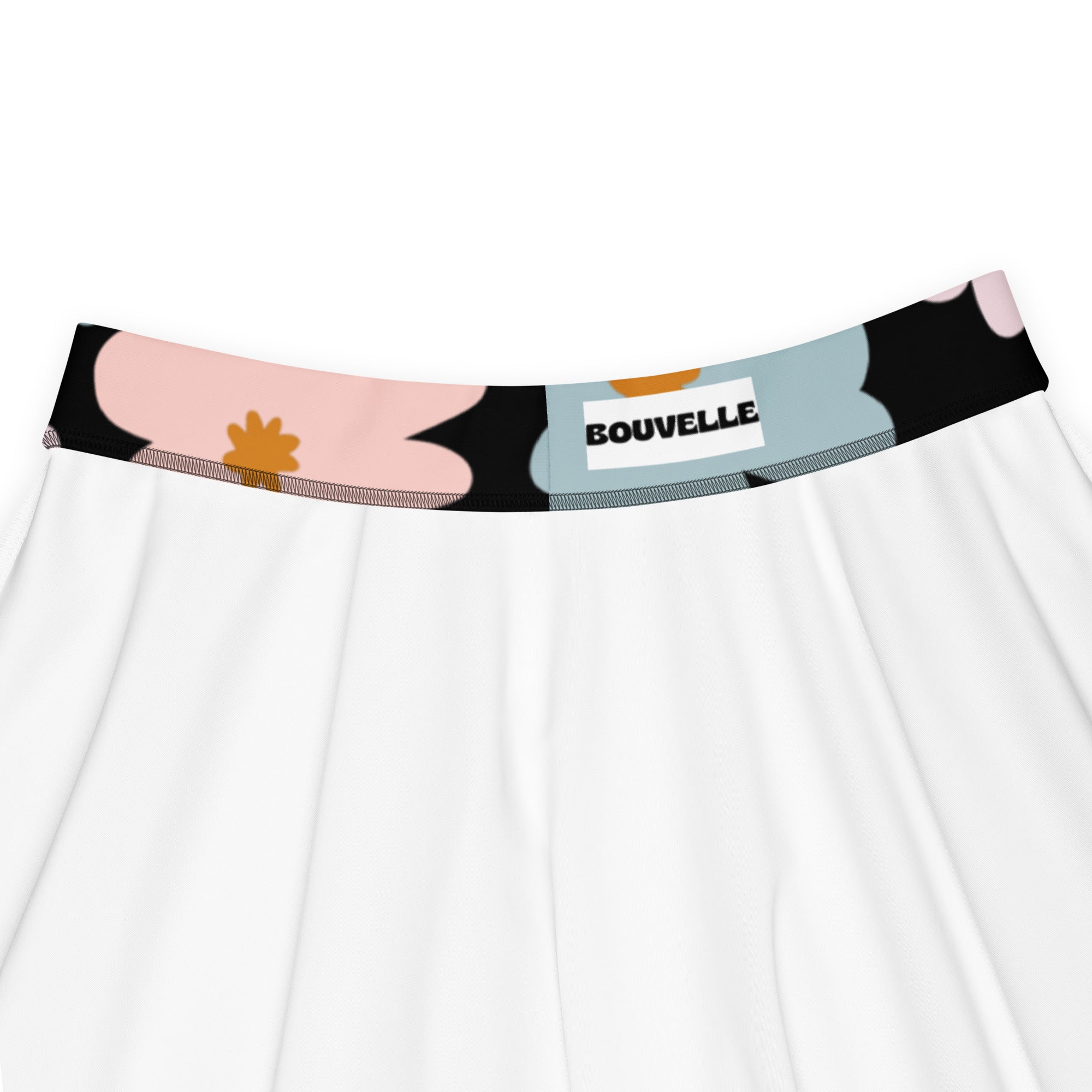 White fabric underwear with a colorful floral waistband featuring black pink and light blue abstract flowers
